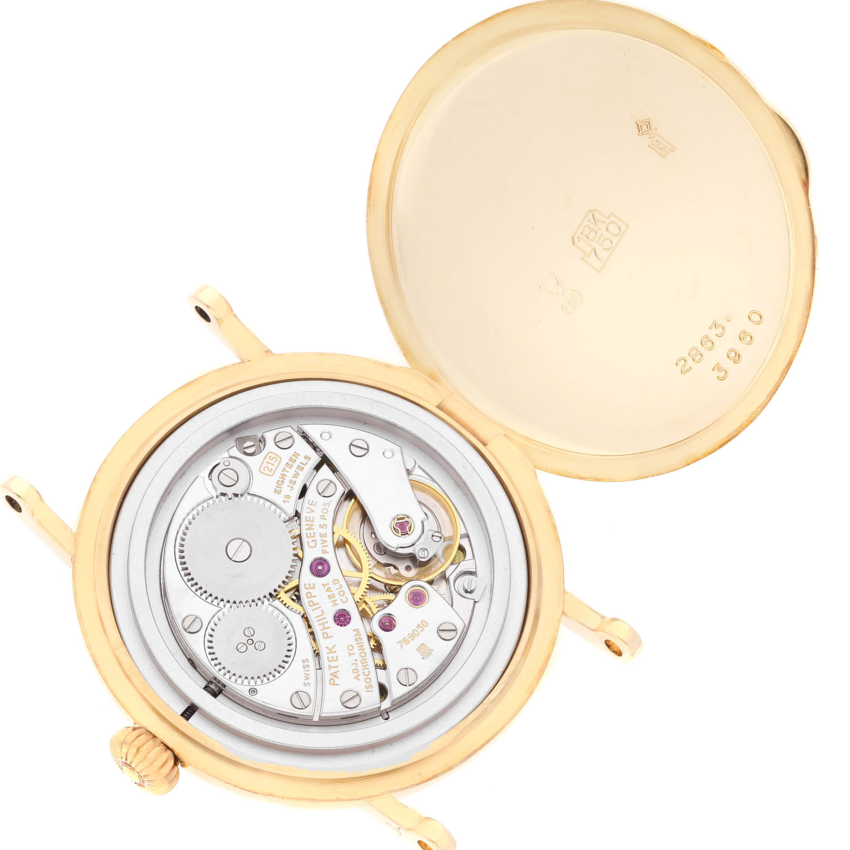 The image shows the open case back of a Patek Philippe Calatrava 3960J Men's Yellow Gold White Dial 3960J Men's Yellow Gold White Dial watch, revealing its intricate mechanical movement.