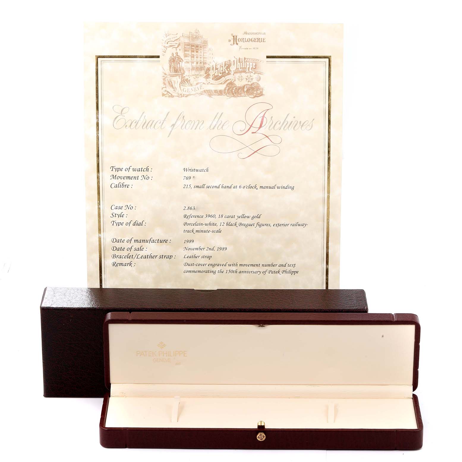 The image shows the certificate and case for a Patek Philippe Calatrava 3960J Men's Yellow Gold White Dial 3960J Men's Yellow Gold White Dial watch, but not the watch itself.