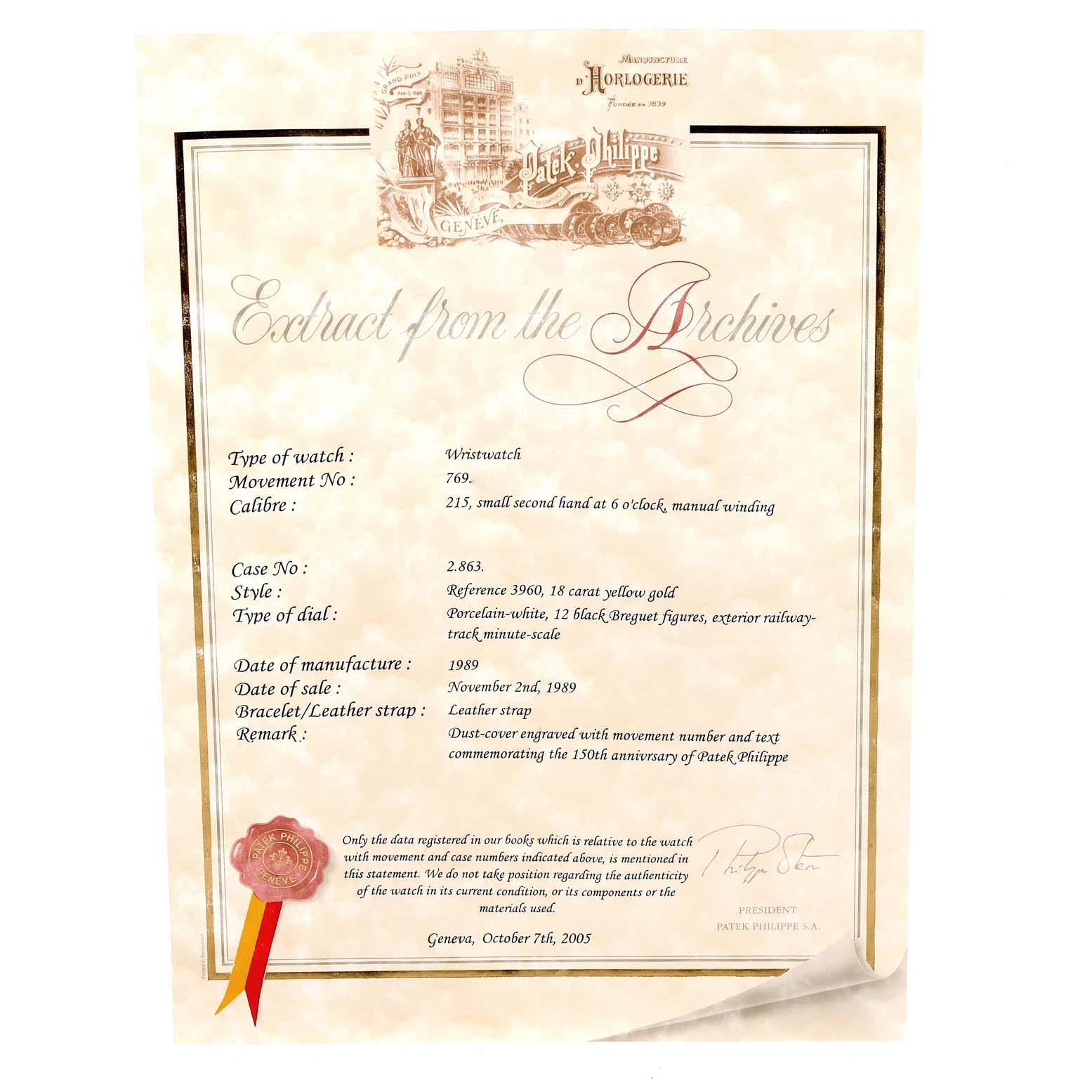 This image shows an official extract from the archives for a Calatrava model wristwatch by Patek Philippe.