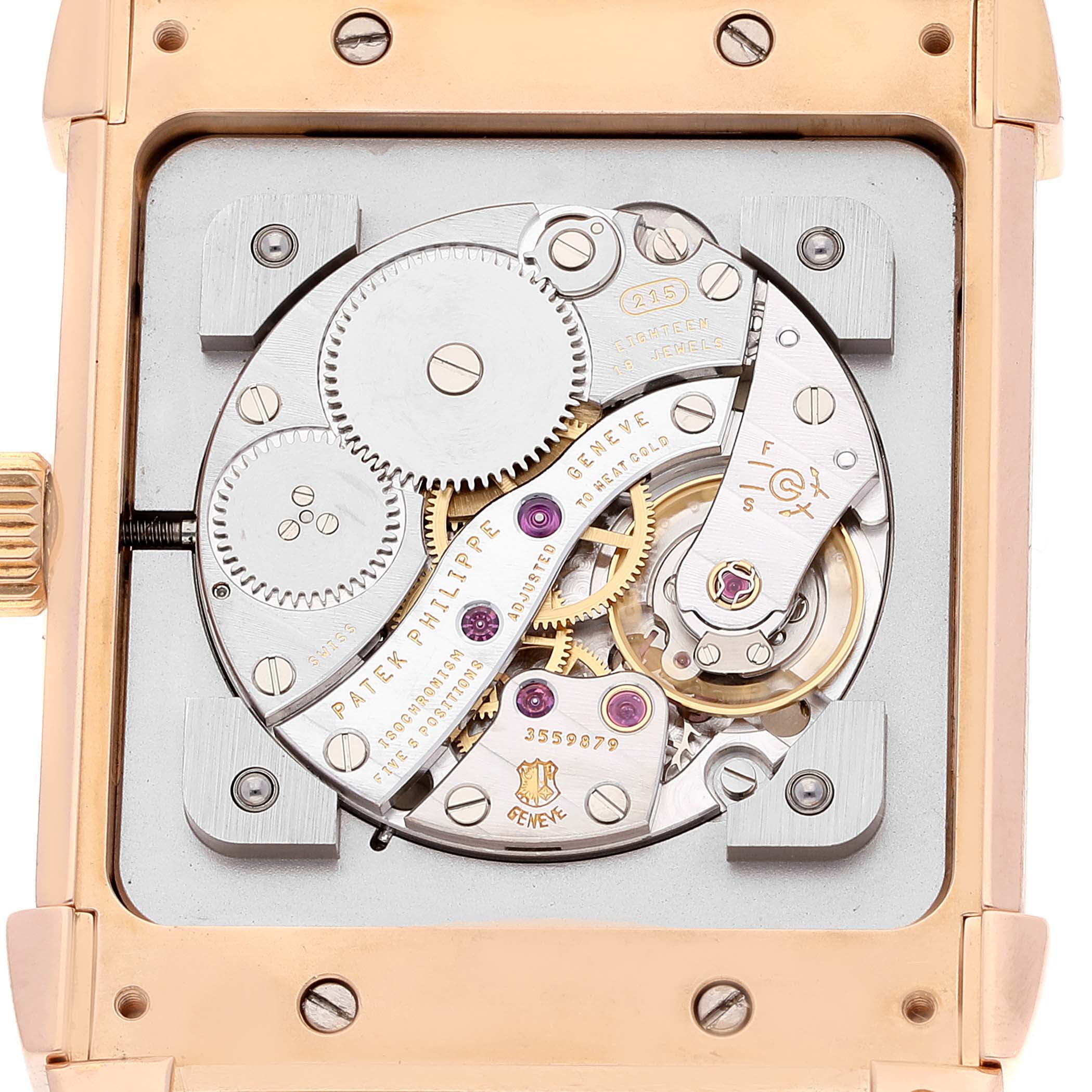 This image shows the movement mechanism of the Patek Philippe Gondolo 5111R Men's Rose Gold Silver Dial 5111R Men's Rose Gold Silver Dial watch from a close-up, back view angle.