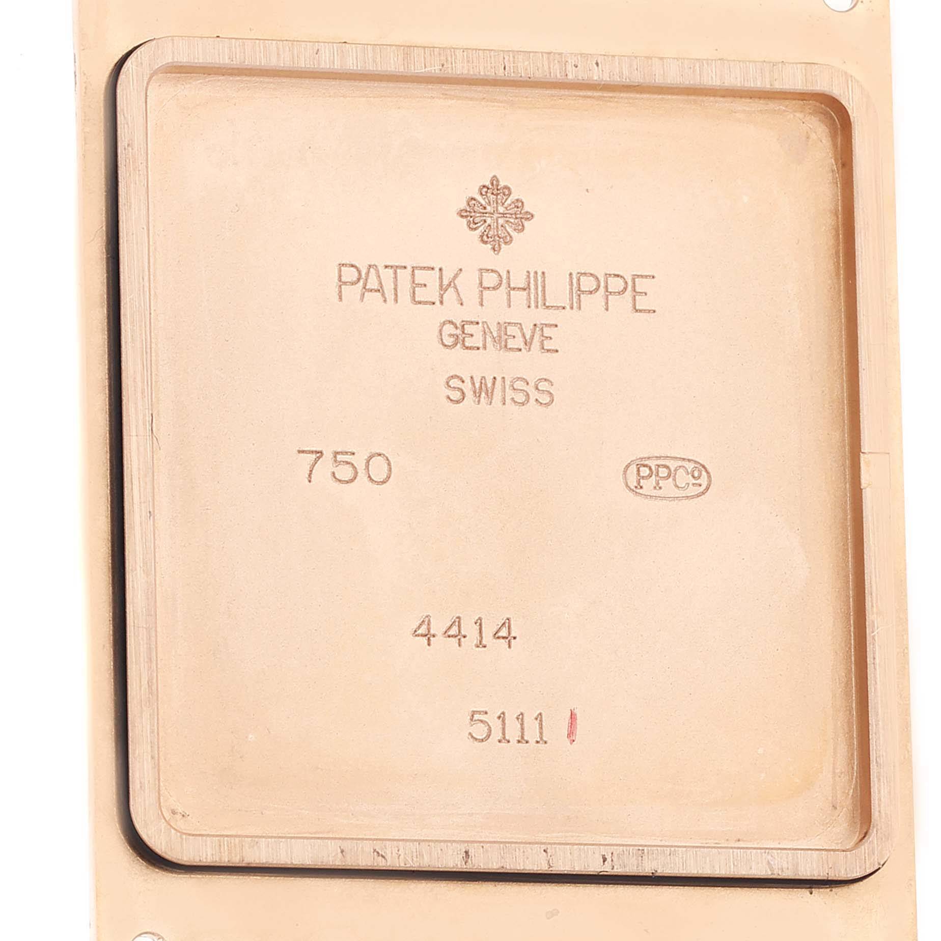 The image shows the inner case back of the Patek Philippe Gondolo 5111R Men's Rose Gold Silver Dial 5111R Men's Rose Gold Silver Dial watch model.