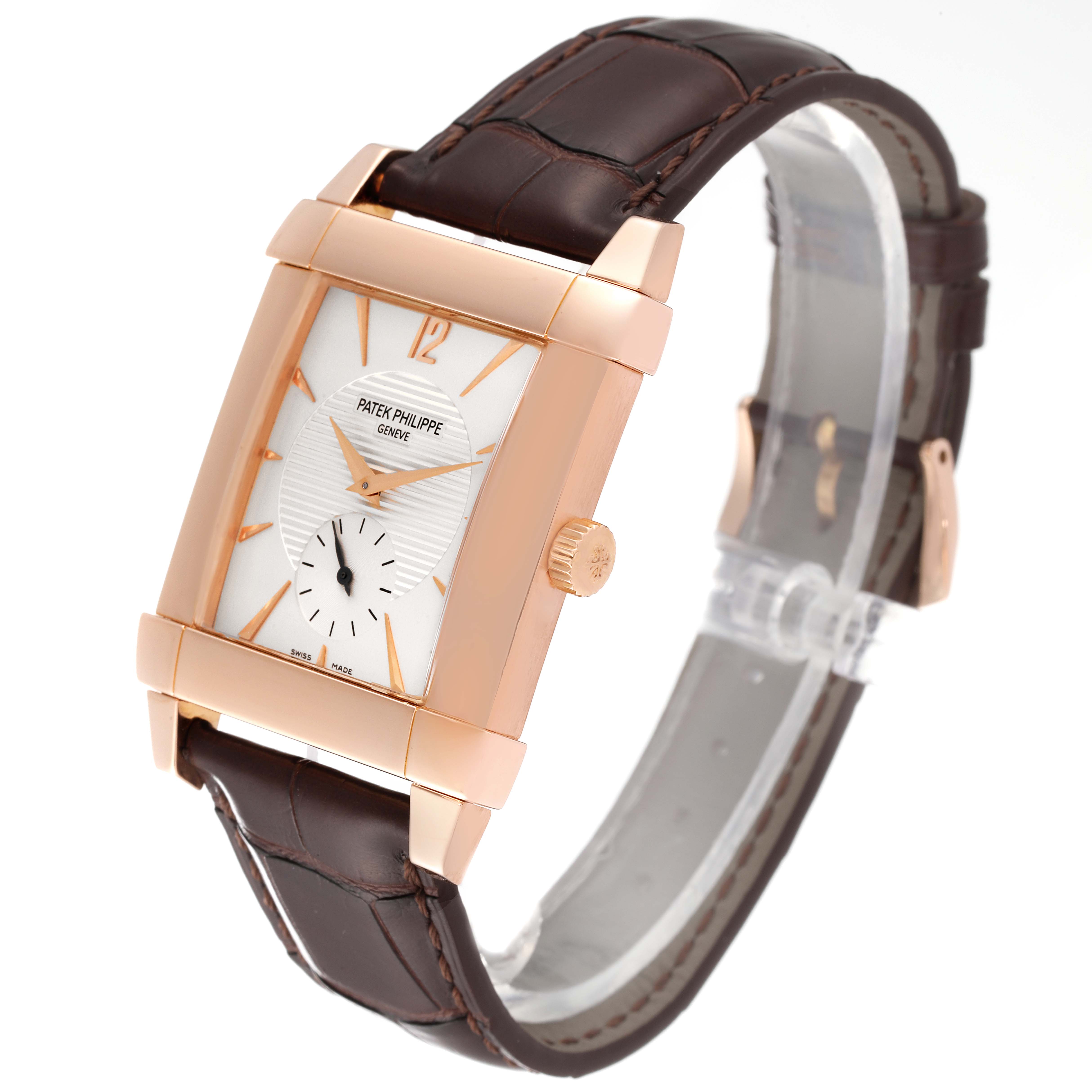 The image shows a Patek Philippe Gondolo 5111R Men's Rose Gold Silver Dial 5111R Men's Rose Gold Silver Dial watch at a slight side angle highlighting its rose gold case and brown leather strap.