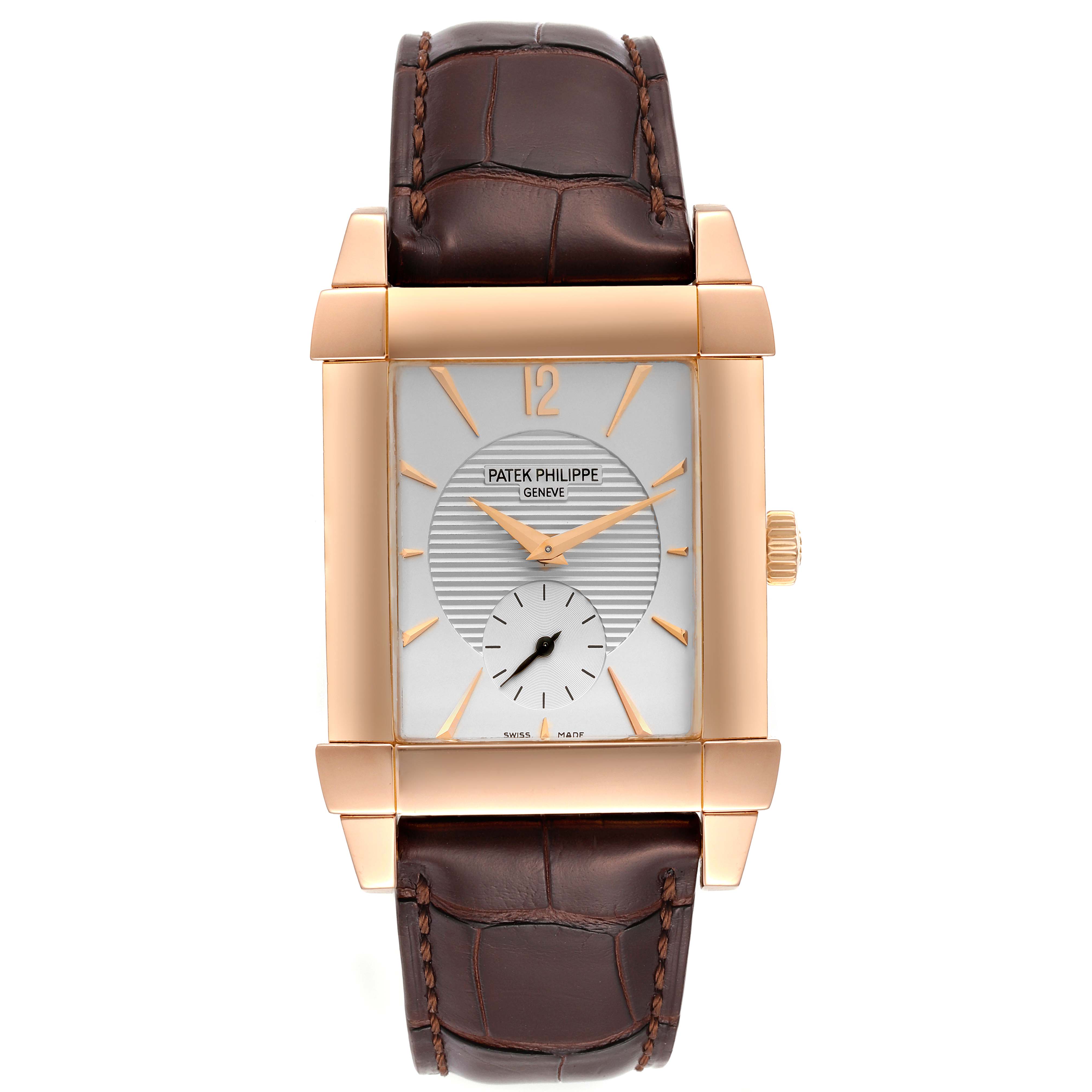 This image shows a front view of a Patek Philippe Gondolo 5111R Men's Rose Gold Silver Dial 5111R Men's Rose Gold Silver Dial watch, displaying the face, gold case, and brown leather strap.