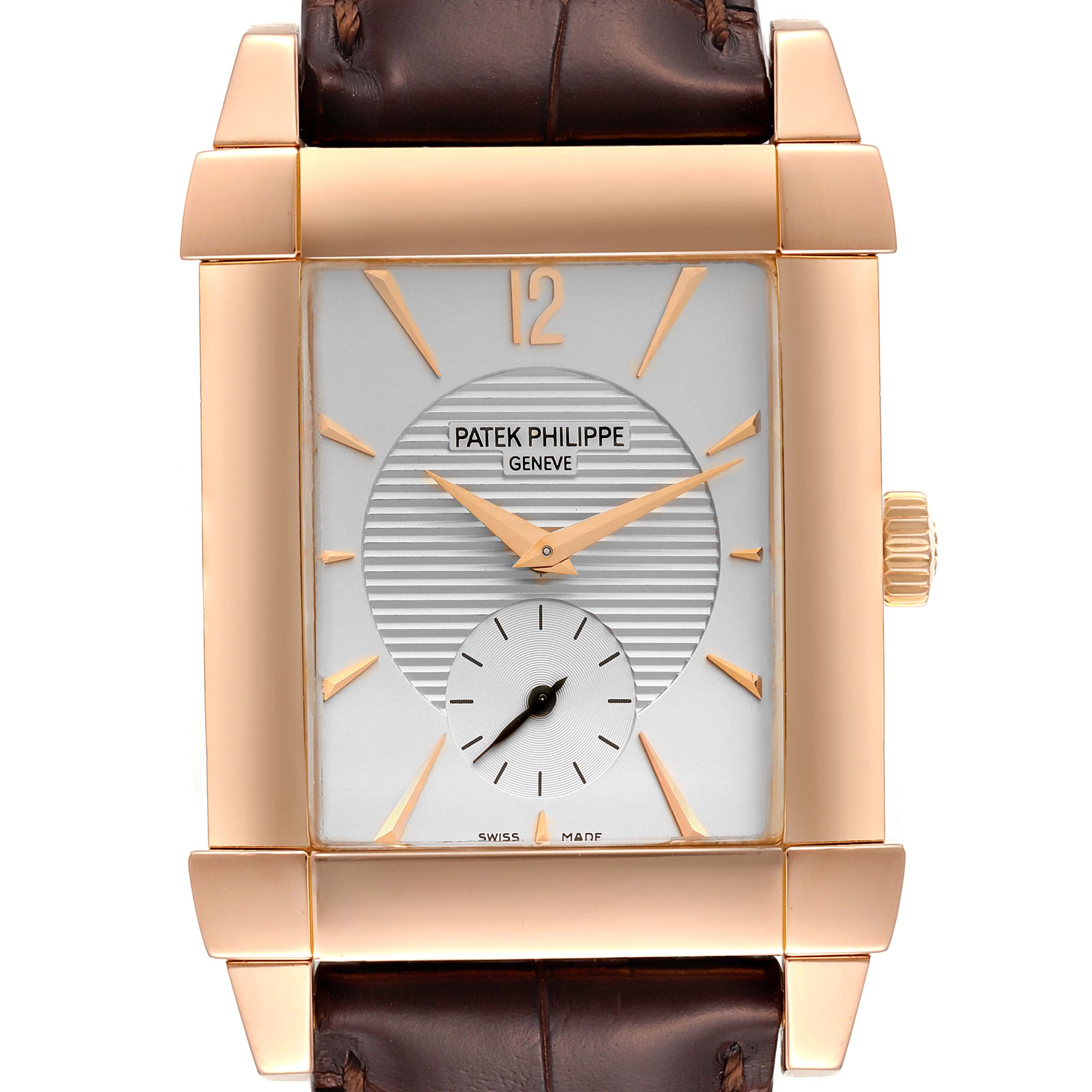 This image shows a front view of a Patek Philippe Gondolo 5111R Men's Rose Gold Silver Dial 5111R Men's Rose Gold Silver Dial watch, highlighting its dial, hands, crown, and leather strap.
