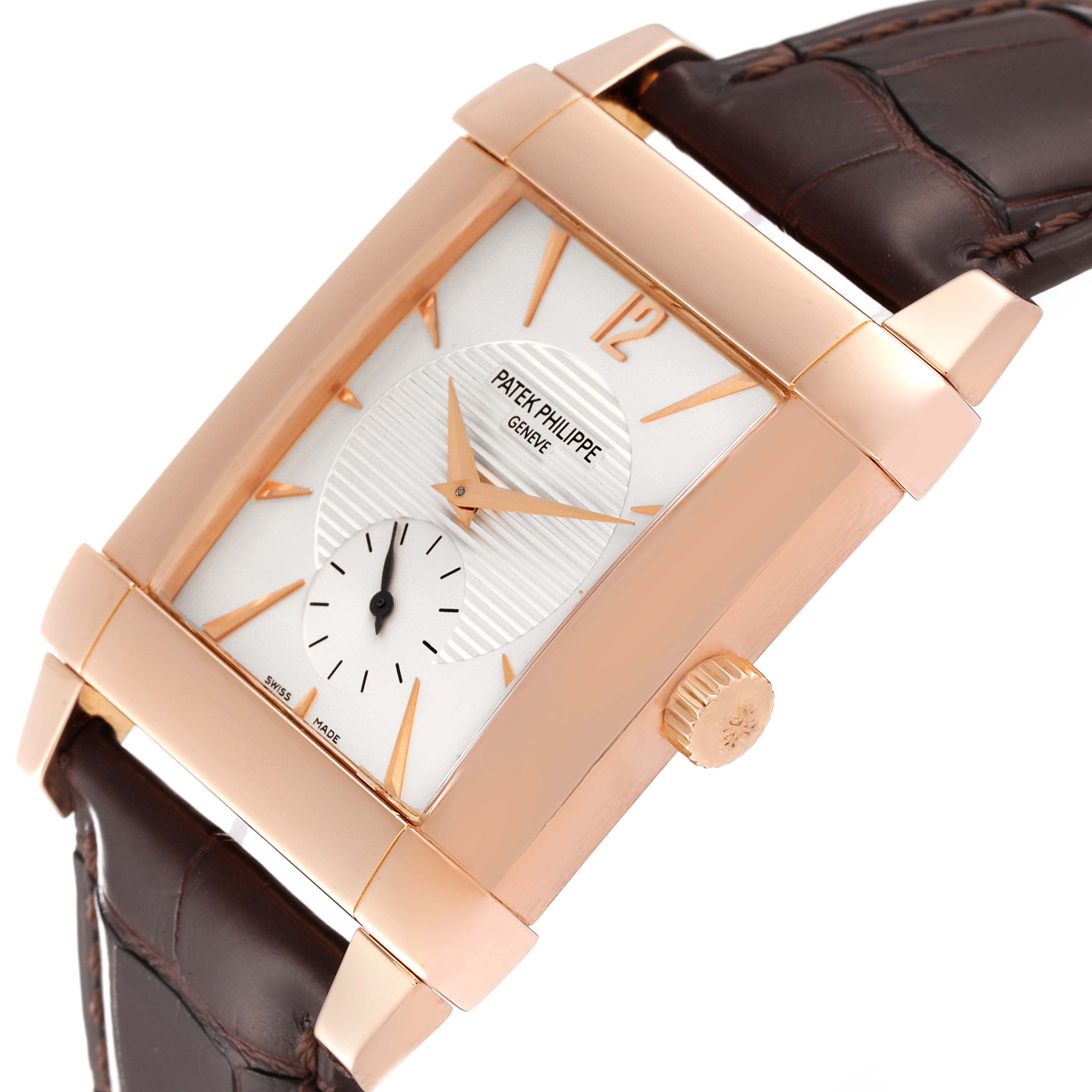 This Patek Philippe Gondolo 5111R Men's Rose Gold Silver Dial 5111R Men's Rose Gold Silver Dial watch is shown at an angled view displaying the dial, rose gold case, and brown leather strap.