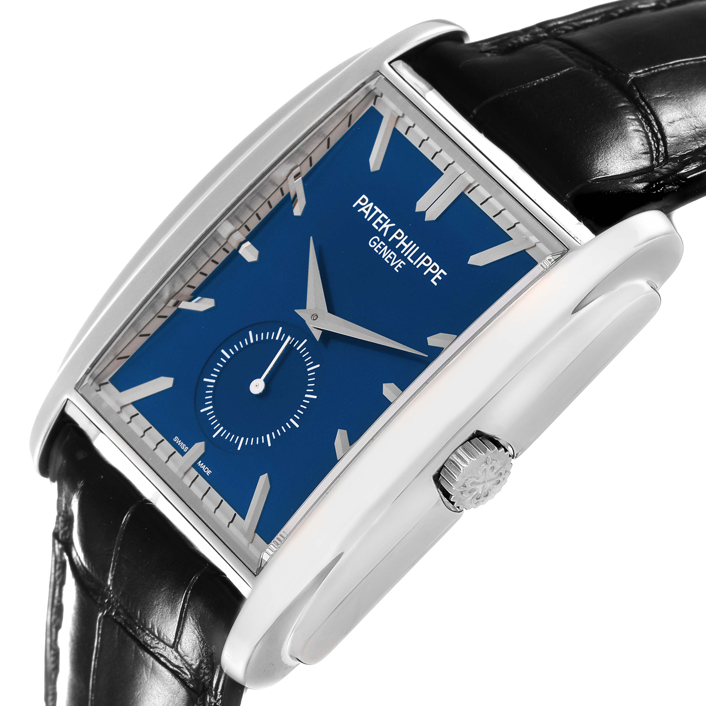 The image shows a close-up view of the Patek Philippe Gondolo 5124G-011 Men's White Gold Blue Dial 5124G-011 Men's White Gold Blue Dial watch displaying its blue dial, crown, and black leather strap.
