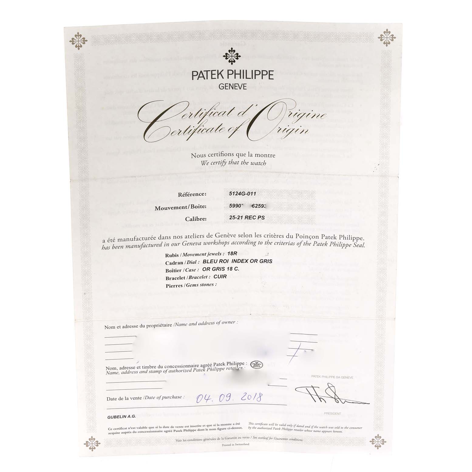 The image shows the Certificate of Origin for the Patek Philippe Gondolo 5124G-011 Men's White Gold Blue Dial 5124G-011 Men's White Gold Blue Dial model.