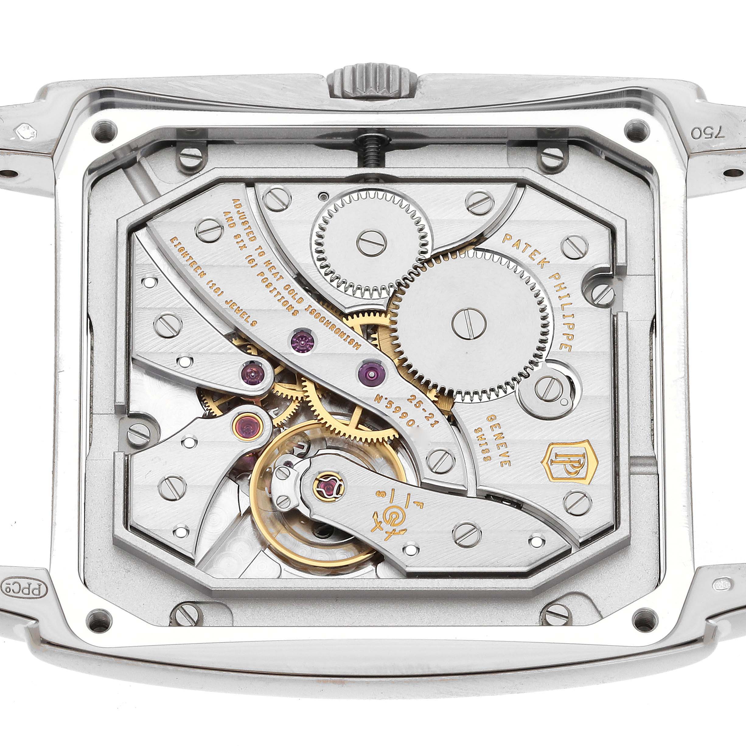 This image shows the movement of the Patek Philippe Gondolo 5124G-011 Men's White Gold Blue Dial 5124G-011 Men's White Gold Blue Dial watch from the back, highlighting its intricate gears and components.