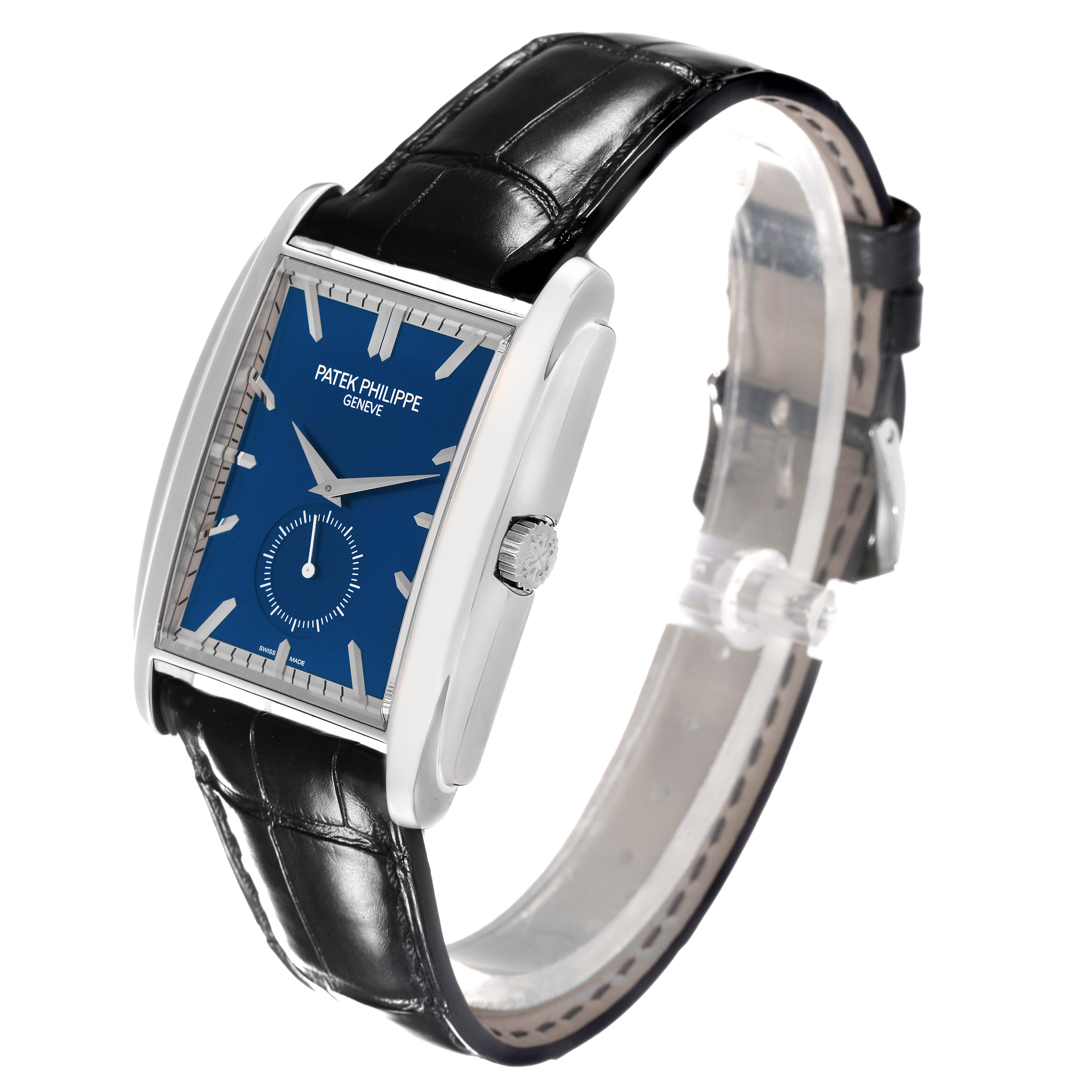 The Patek Philippe Gondolo 5124G-011 Men's White Gold Blue Dial 5124G-011 Men's White Gold Blue Dial watch is shown at a slight angle showcasing its rectangular face, blue dial, and black leather strap.