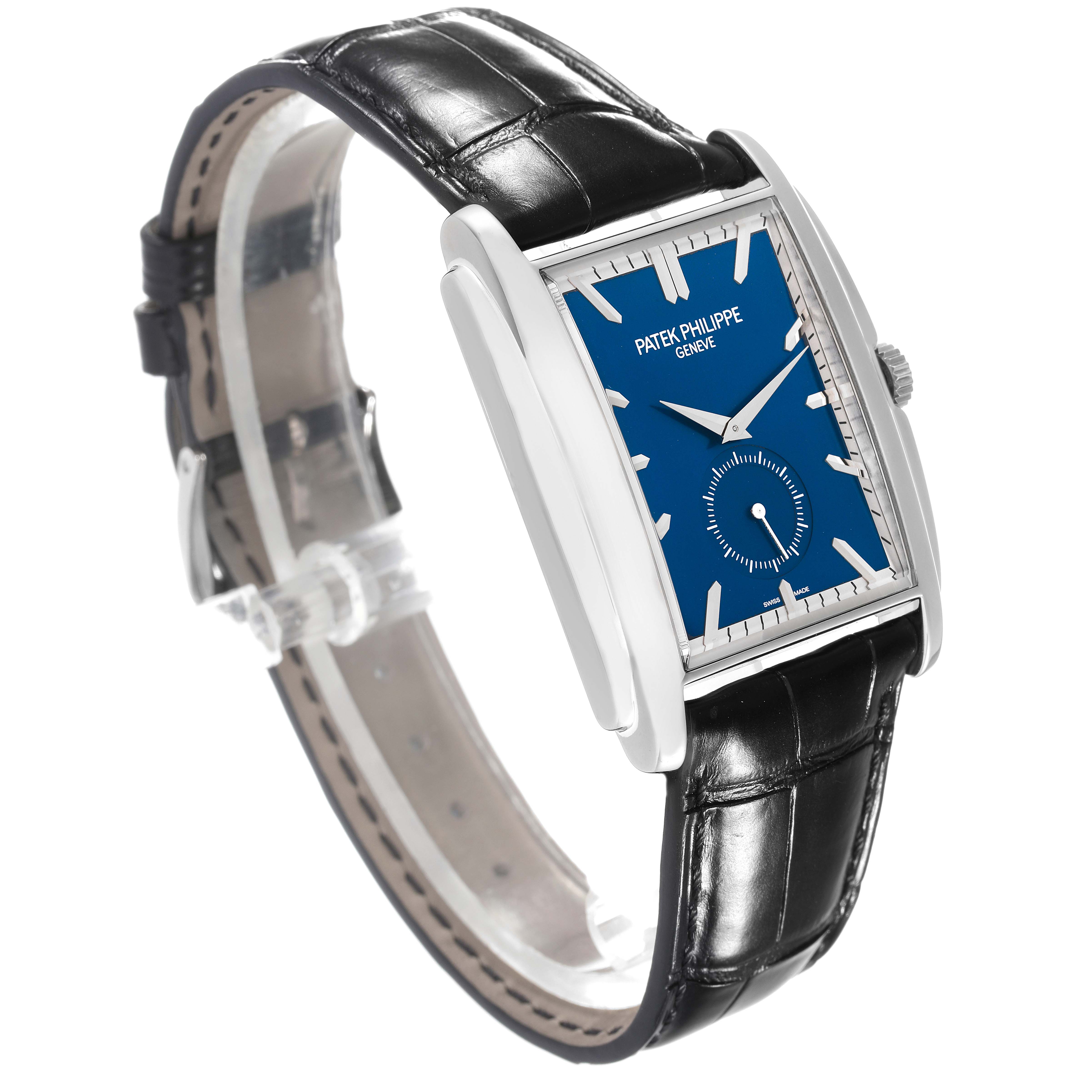 The image shows a side and front angle of the Patek Philippe Gondolo 5124G-011 Men's White Gold Blue Dial 5124G-011 Men's White Gold Blue Dial watch, showcasing the dial, case, and strap.