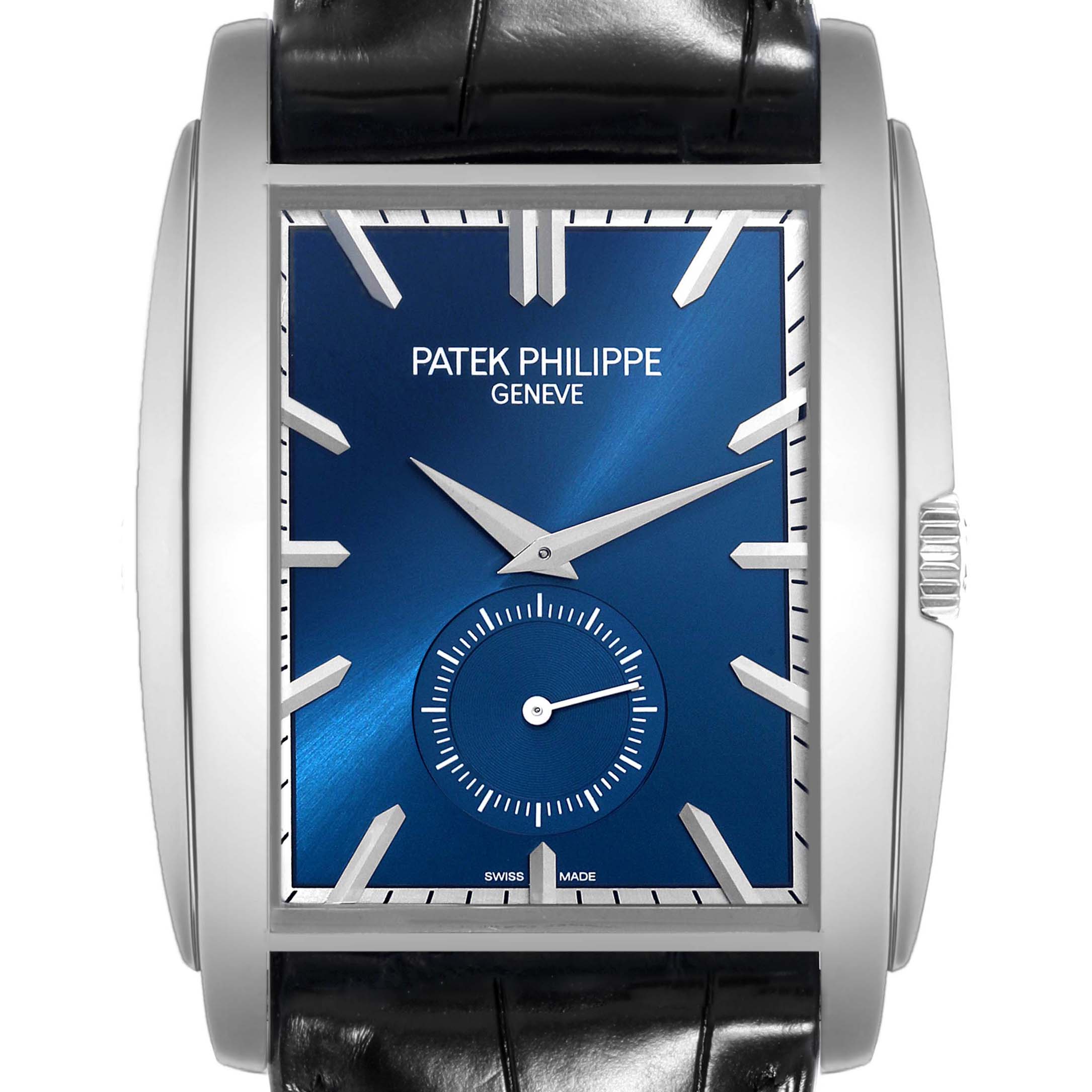 The image shows a front view of the Patek Philippe Gondolo 5124G-011 Men's White Gold Blue Dial 5124G-011 Men's White Gold Blue Dial watch, highlighting its blue dial, hour markers, and hands.