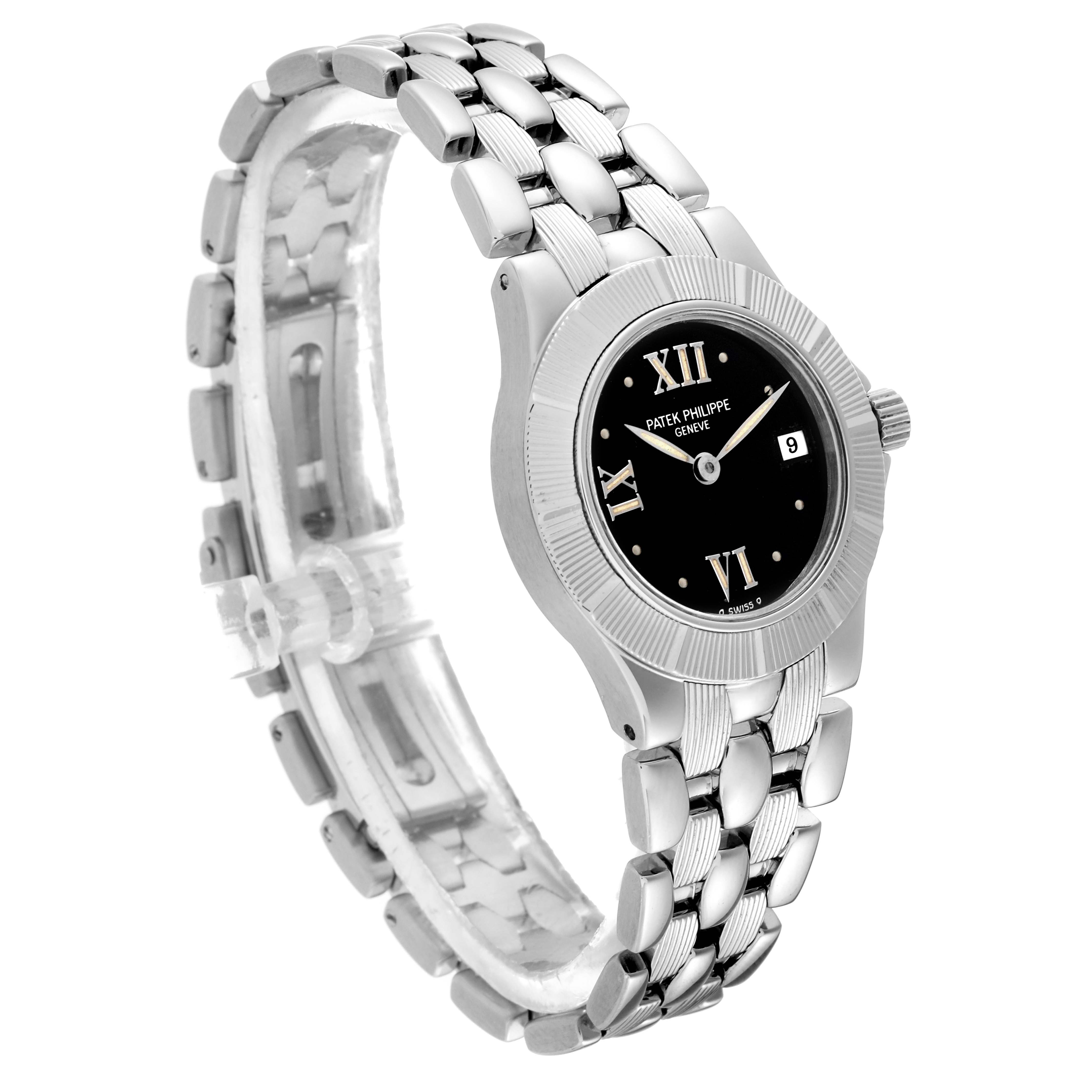 The image shows a Patek Philippe Neptune 4880/1A Women's Stainless Steel Black Dial 4880/1A Women's Stainless Steel Black Dial model watch at an angled view, displaying the face, bezel, and bracelet.