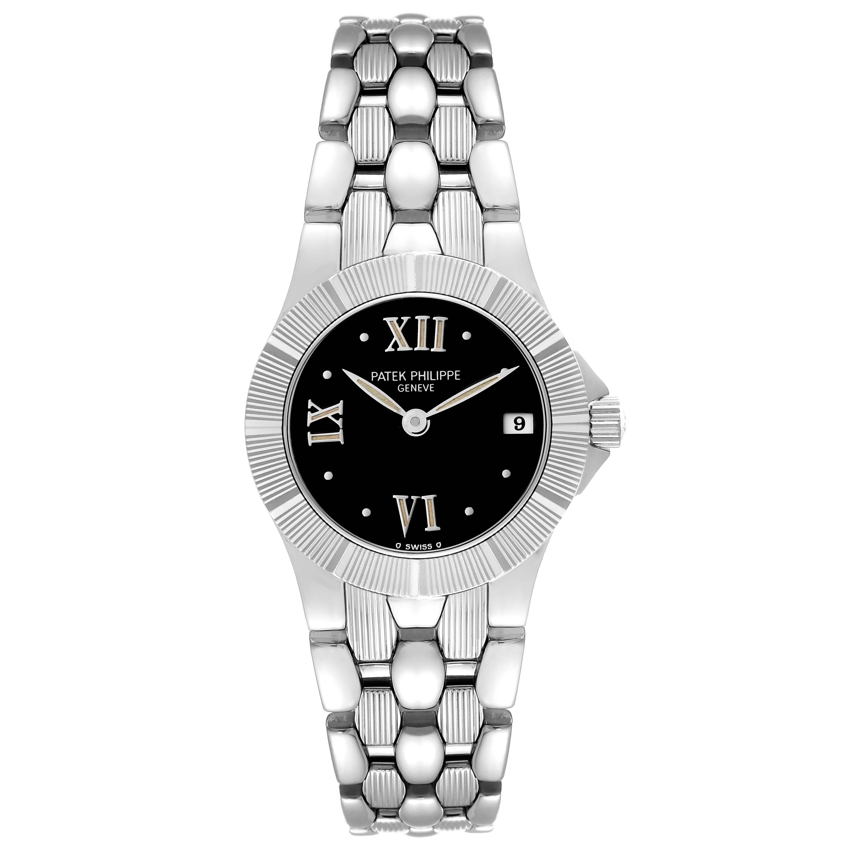The image shows a front view of the Patek Philippe Neptune 4880/1A Women's Stainless Steel Black Dial 4880/1A Women's Stainless Steel Black Dial watch, displaying its dial, bezel, and bracelet.
