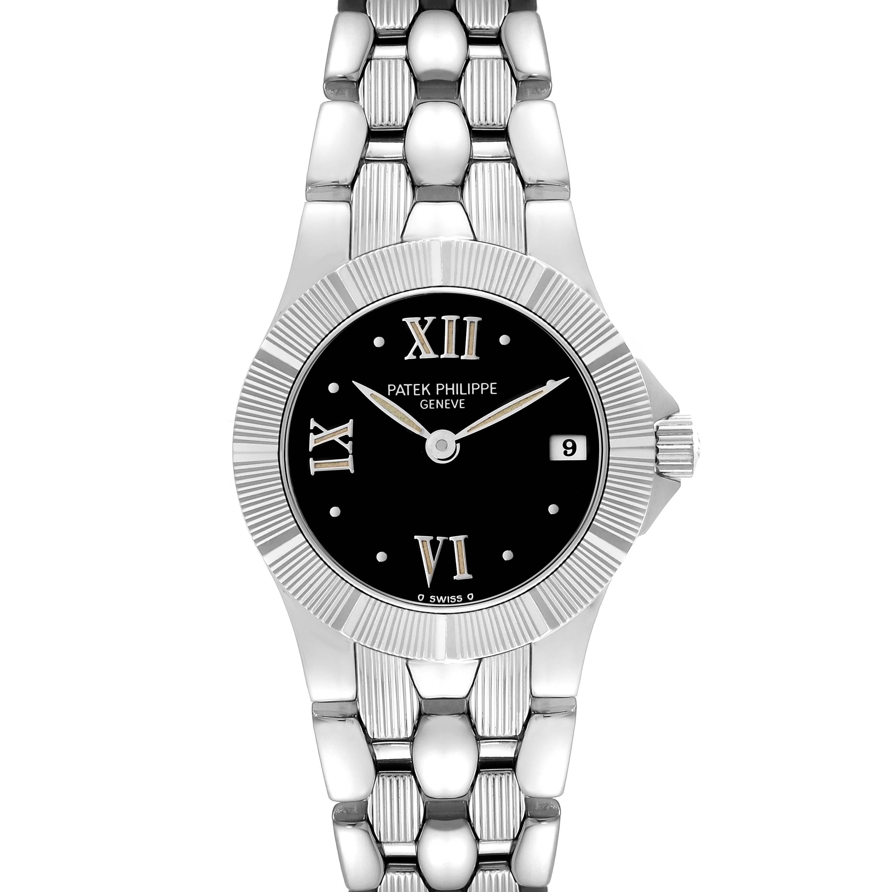 This image shows a front view of the Patek Philippe Neptune 4880/1A Women's Stainless Steel Black Dial 4880/1A Women's Stainless Steel Black Dial model watch, displaying its dial, bezel, and bracelet.