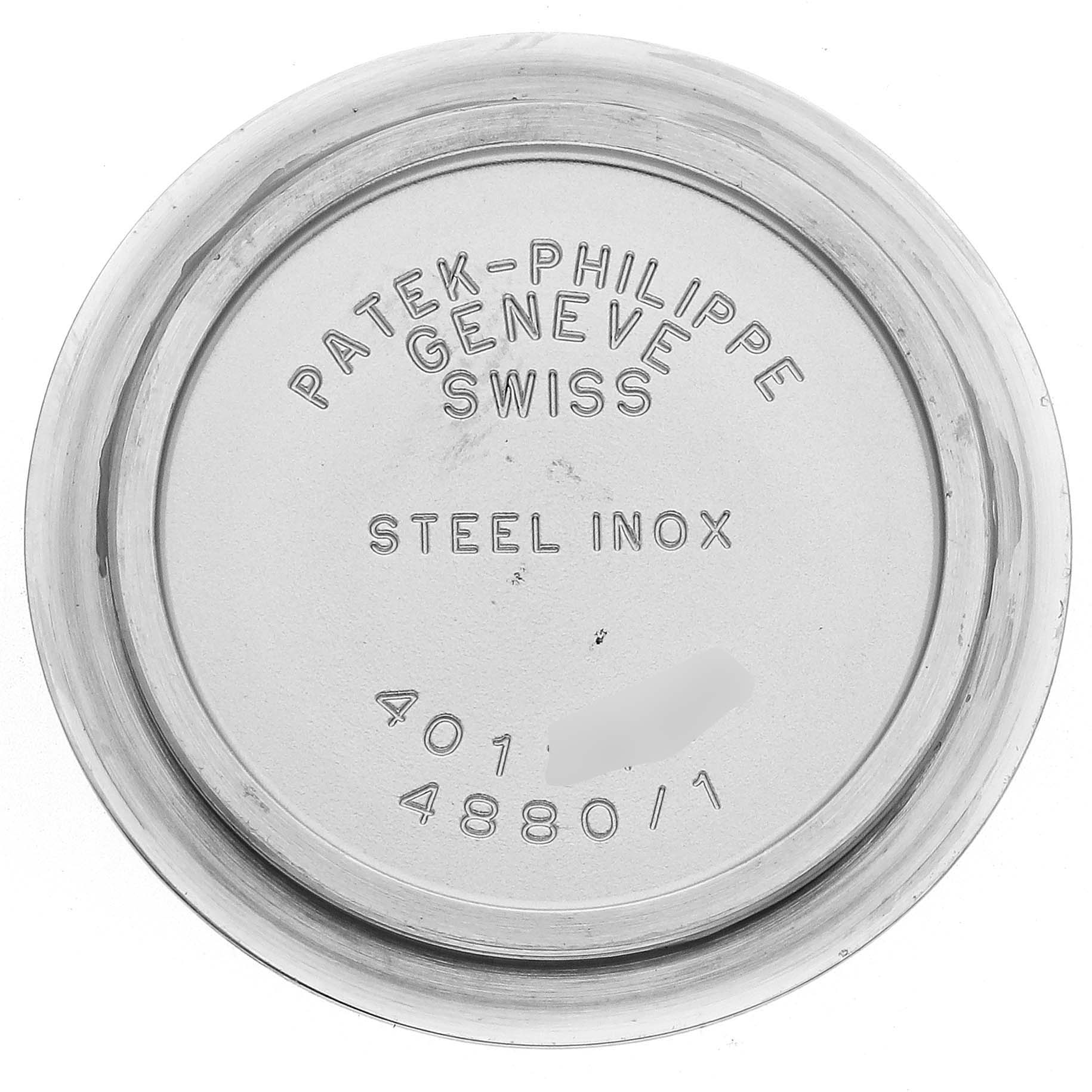 This image shows the back cover of the Patek Philippe Neptune 4880/1A Women's Stainless Steel Black Dial 4880/1A Women's Stainless Steel Black Dial model watch, displaying brand and model details.