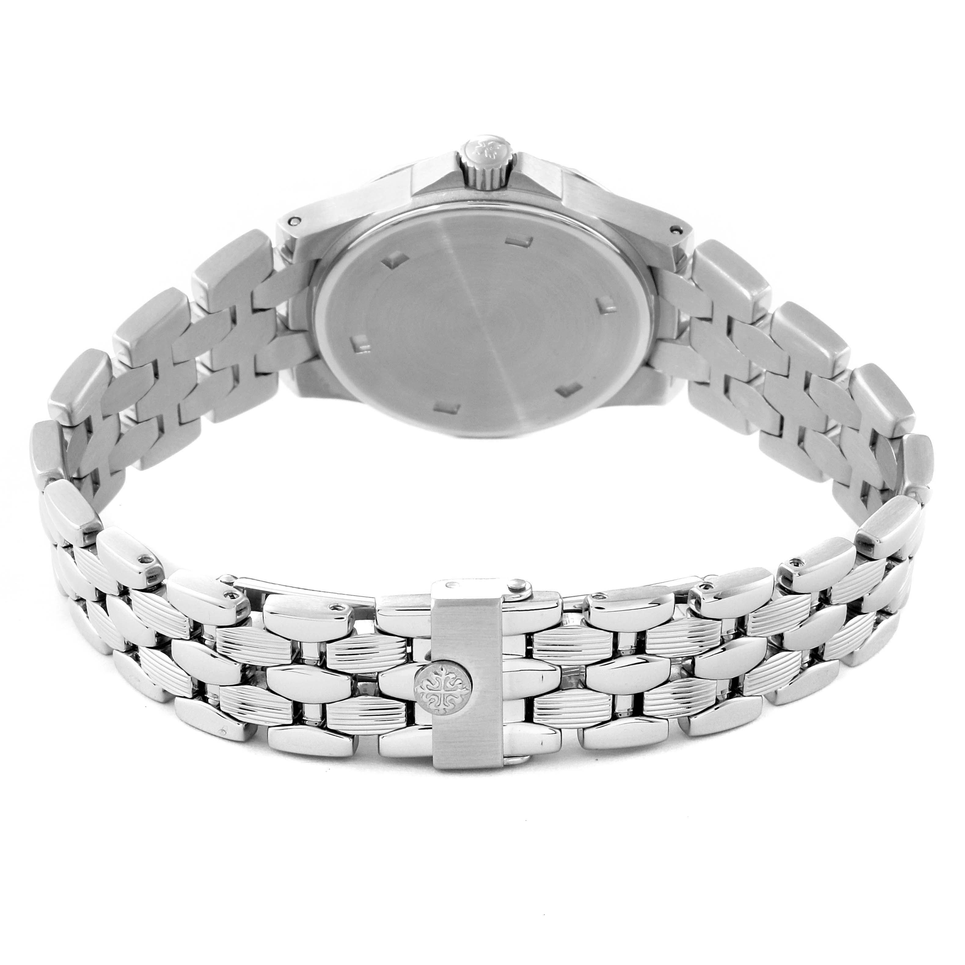 The image shows the back side of the Patek Philippe Neptune 4880/1A Women's Stainless Steel Black Dial 4880/1A Women's Stainless Steel Black Dial model watch, highlighting the bracelet and clasp.