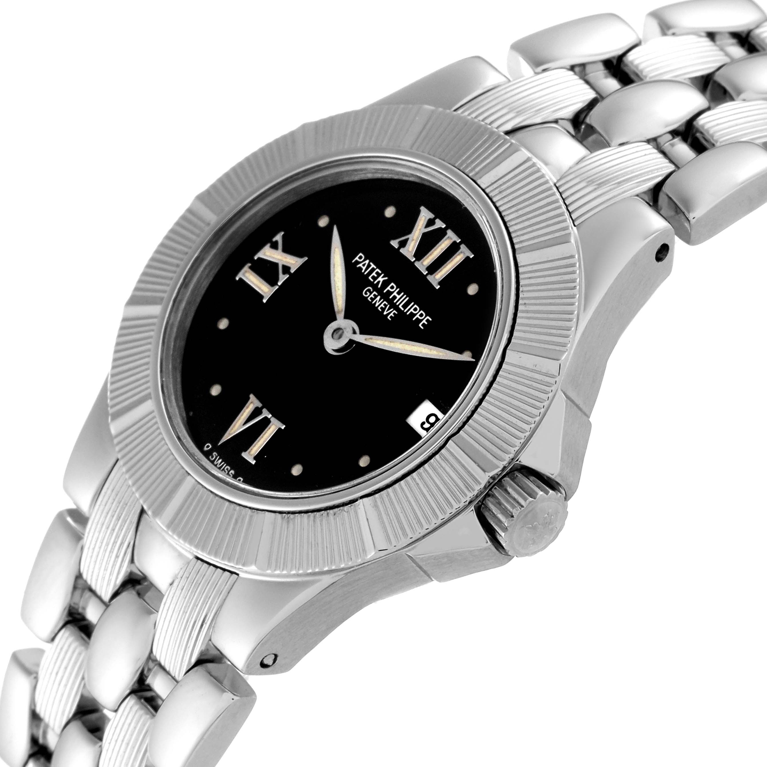 This image shows a Patek Philippe Neptune 4880/1A Women's Stainless Steel Black Dial 4880/1A Women's Stainless Steel Black Dial model watch at an angled close-up, highlighting the face, bezel, and part of the bracelet.