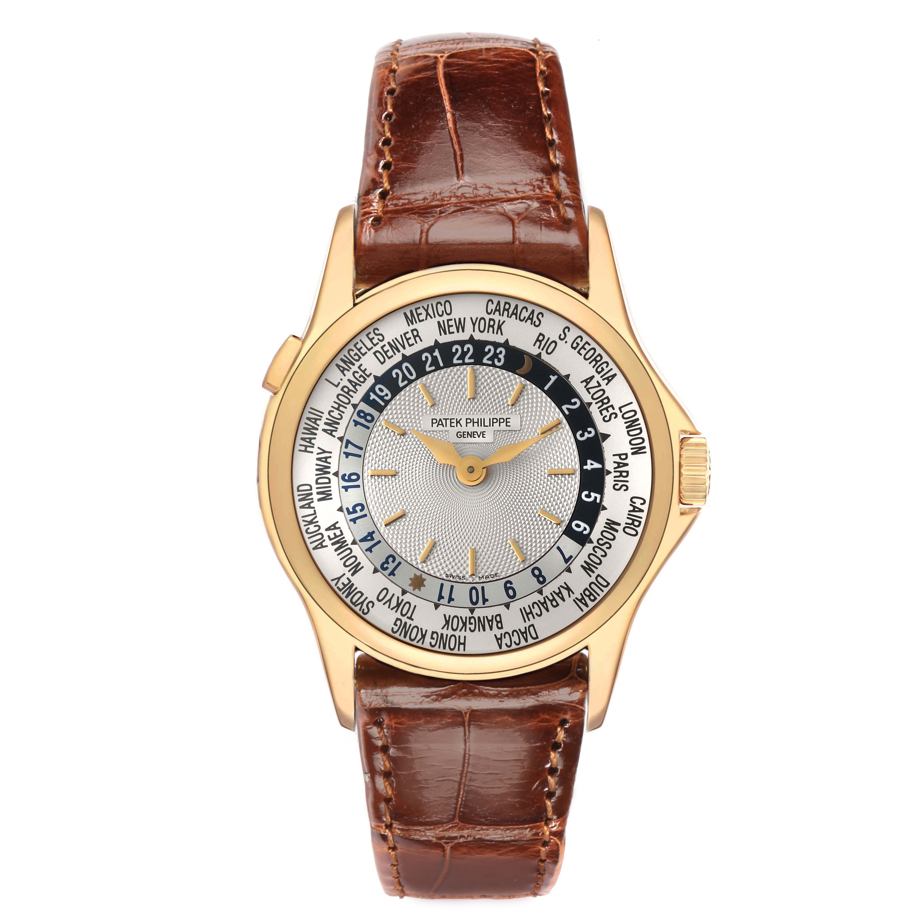 The image shows a front view of the Patek Philippe Complications 5110J-001 men's watch, displaying its dial, bezel, case, and brown leather strap.