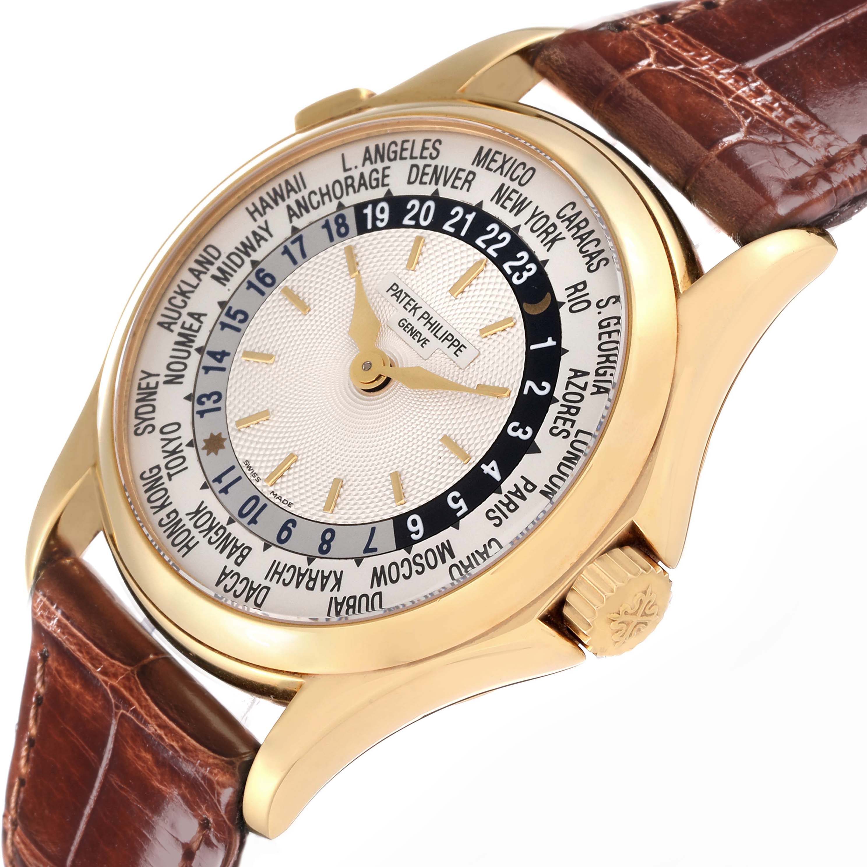 The watch shown is a Patek Philippe Complications model 5110J-001, viewed at an angled close-up, featuring the dial, case, crown, and part of the strap.