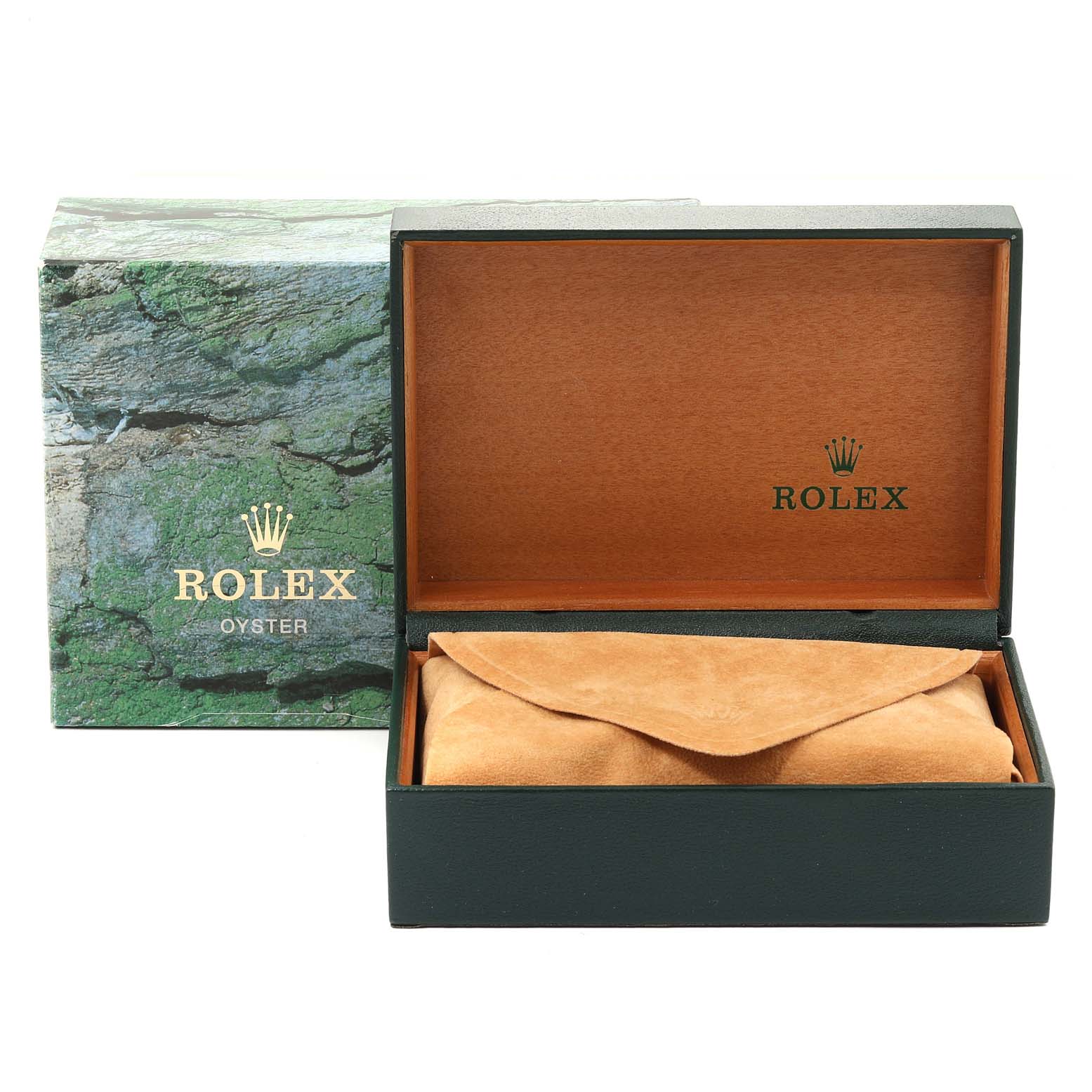 The image shows a Rolex Air-King 14000M Men's Stainless Steel Blue Dial 14000M Men's Stainless Steel Blue Dial watch box and a suede pouch inside the open box, with the outer packaging visible behind.