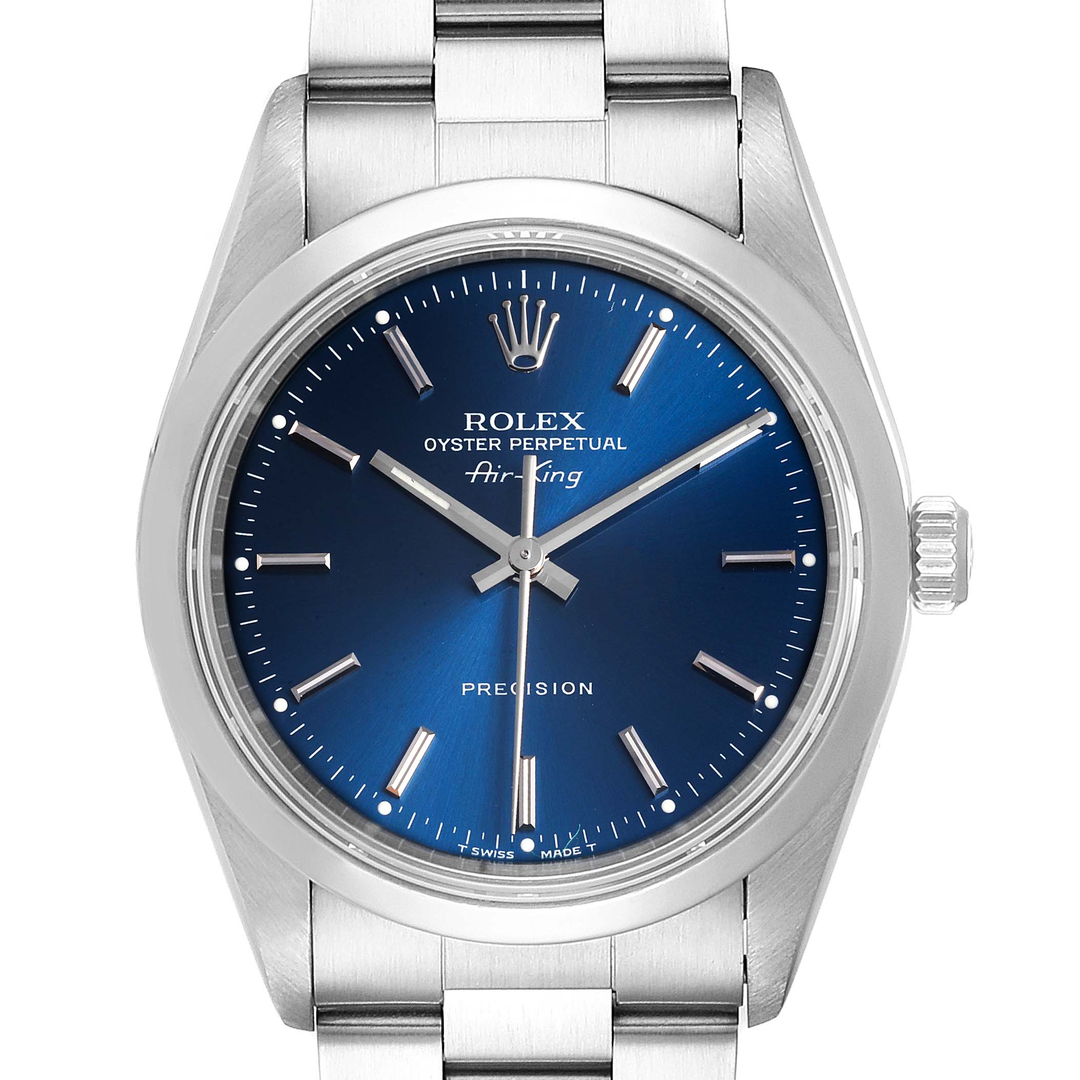 The image shows a front view of a Rolex Air-King 14000M Men's Stainless Steel Blue Dial 14000M Men's Stainless Steel Blue Dial watch, highlighting its blue dial, hands, indices, and part of the metal bracelet.