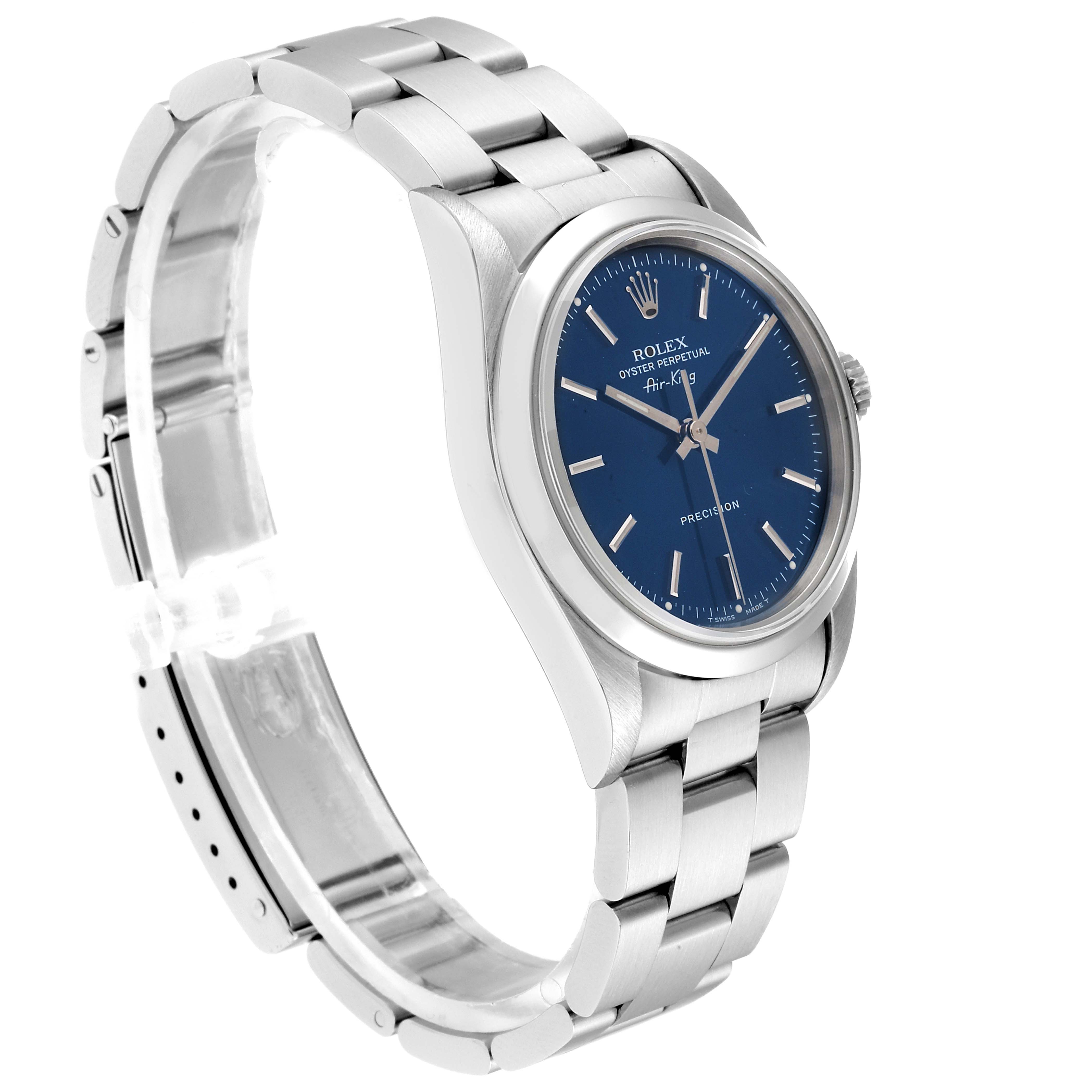 The image shows a side view of the Rolex Air-King 14000M Men's Stainless Steel Blue Dial 14000M Men's Stainless Steel Blue Dial watch, displaying its bracelet, clasp, and blue dial.