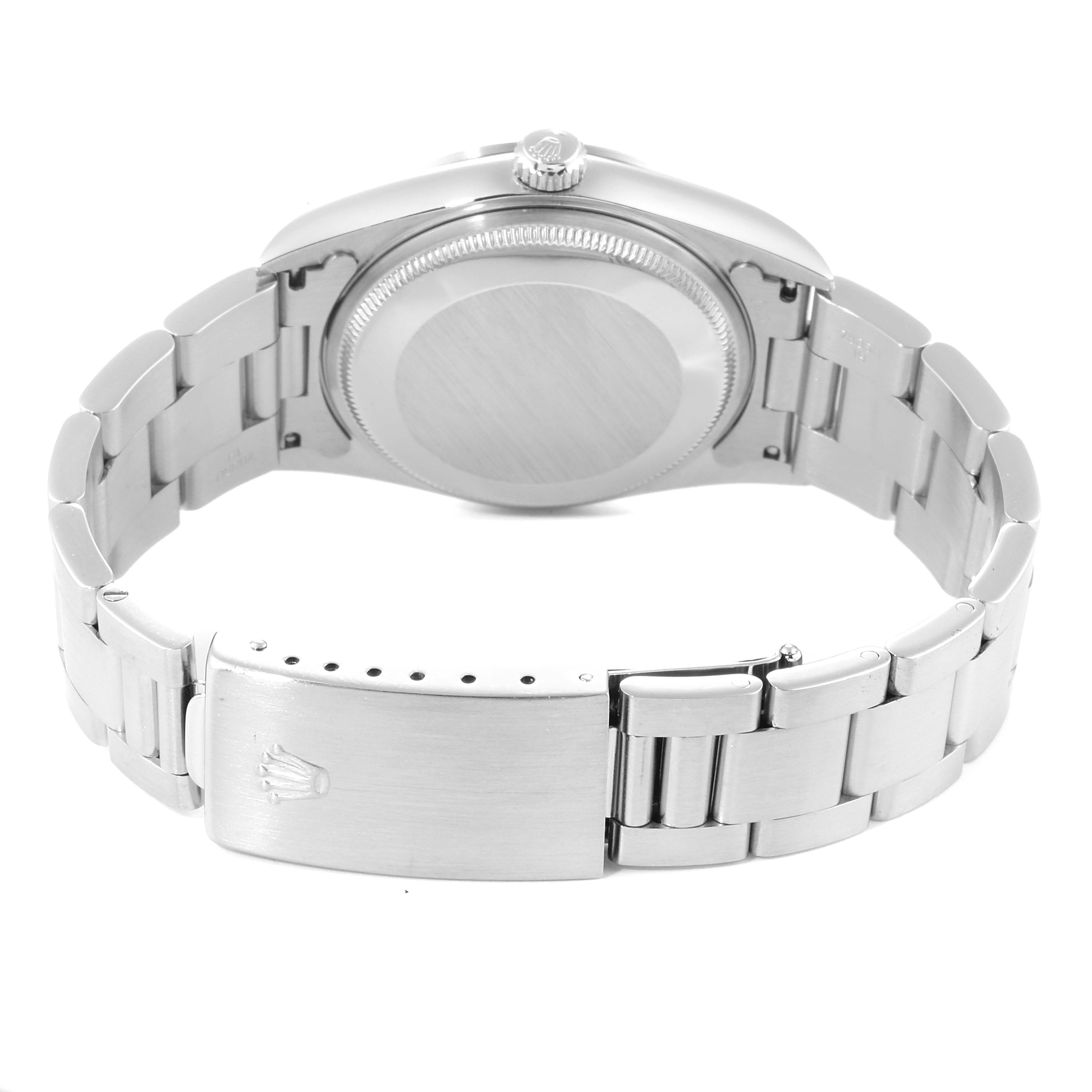 The image shows the back case and metal bracelet clasp of the Rolex Air-King 14000M Men's Stainless Steel Blue Dial 14000M Men's Stainless Steel Blue Dial watch.