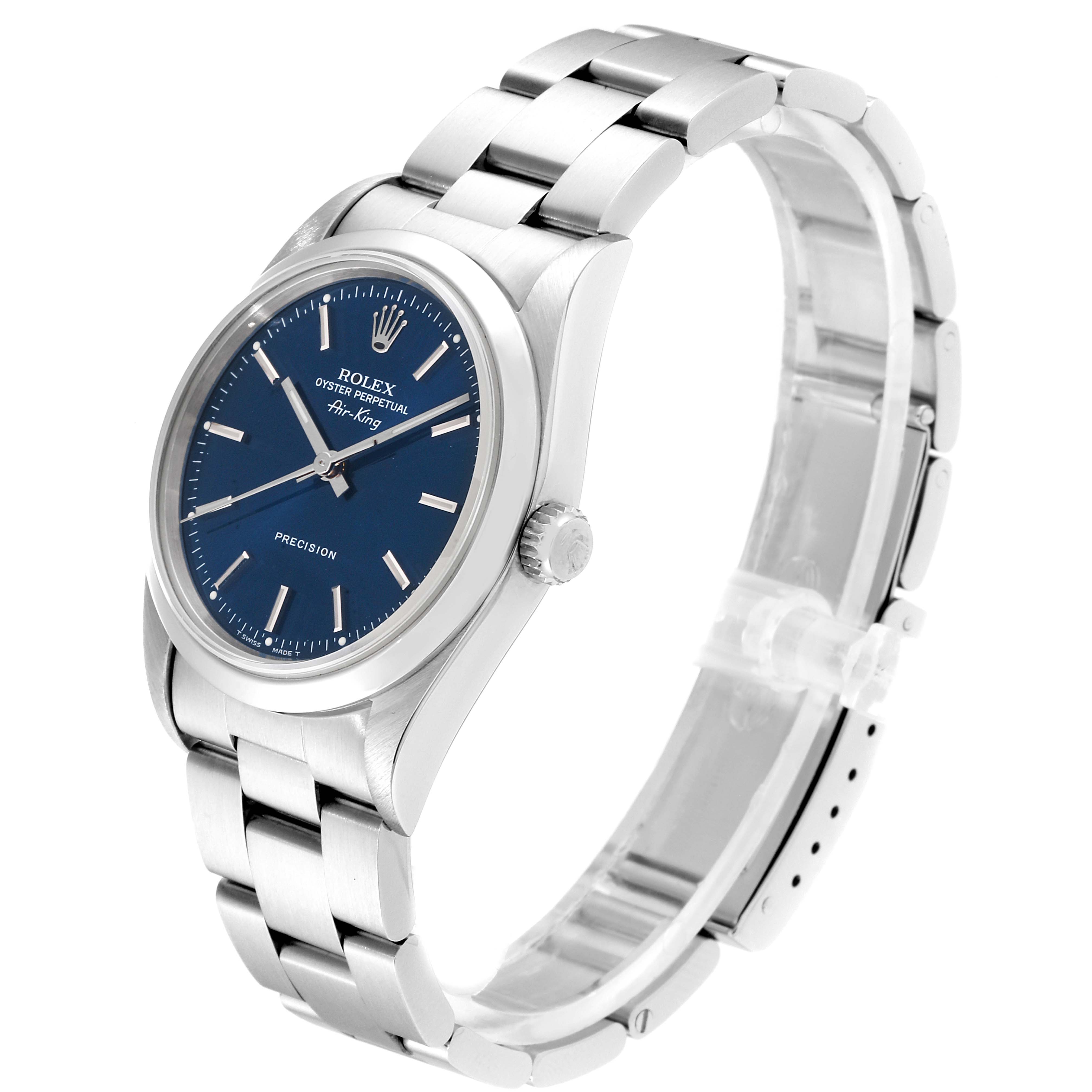 The Rolex Air-King 14000M Men's Stainless Steel Blue Dial 14000M Men's Stainless Steel Blue Dial watch is shown at a slight angle, featuring the blue dial, stainless steel case, and bracelet.