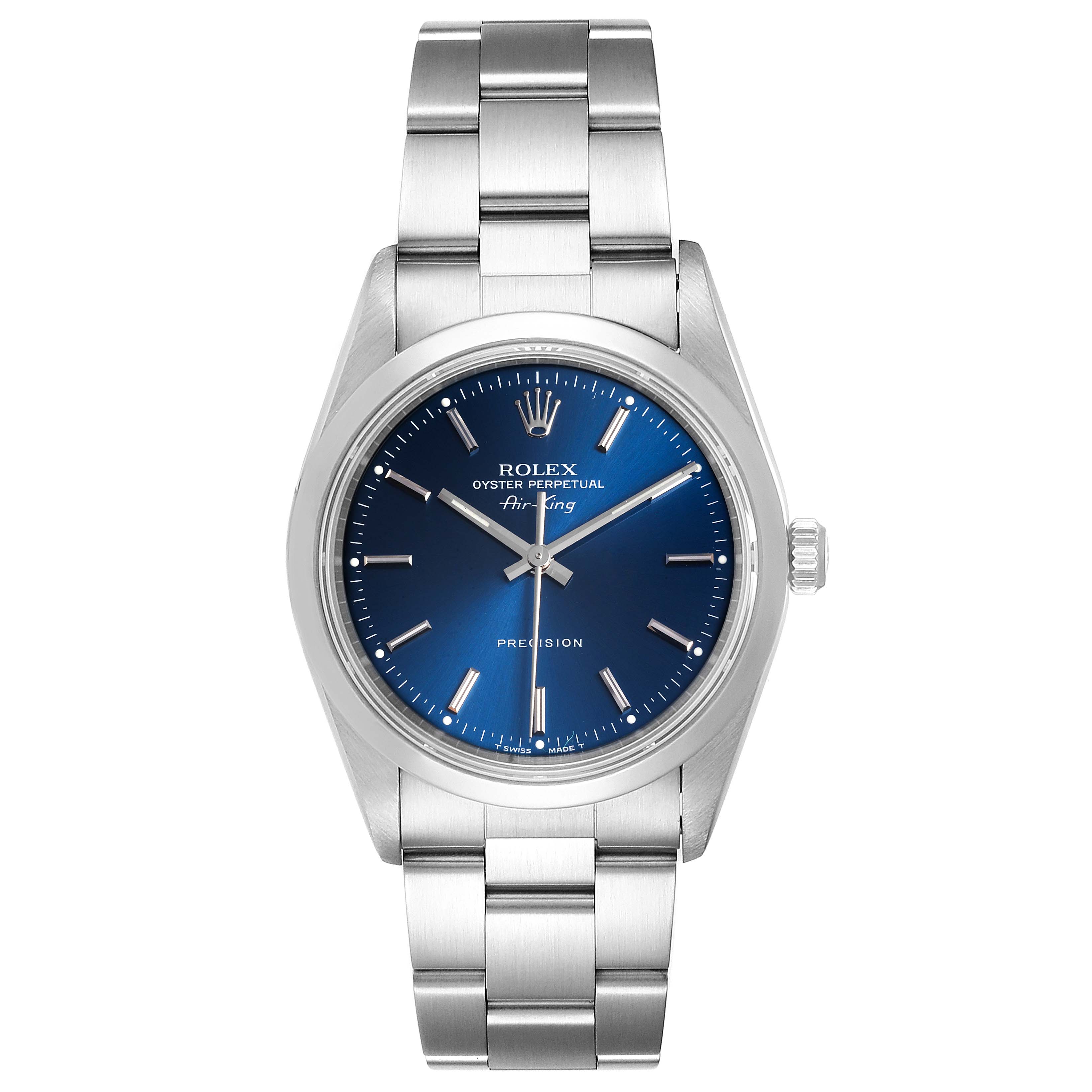 The image shows a front view of the Rolex Air-King 14000M Men's Stainless Steel Blue Dial 14000M Men's Stainless Steel Blue Dial watch, displaying its blue dial, stainless steel case, and bracelet.