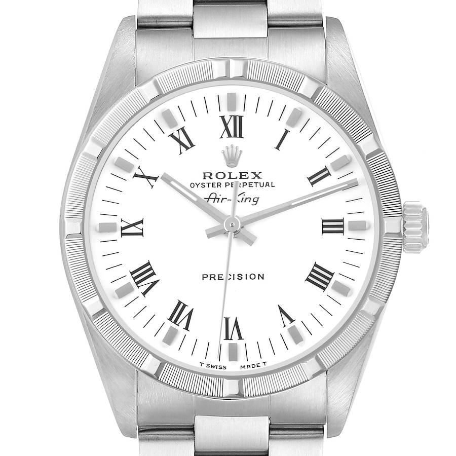 The image shows a frontal view of a Rolex Air-King model 14010 men's watch, featuring the dial, hands, bezel, and part of the bracelet.