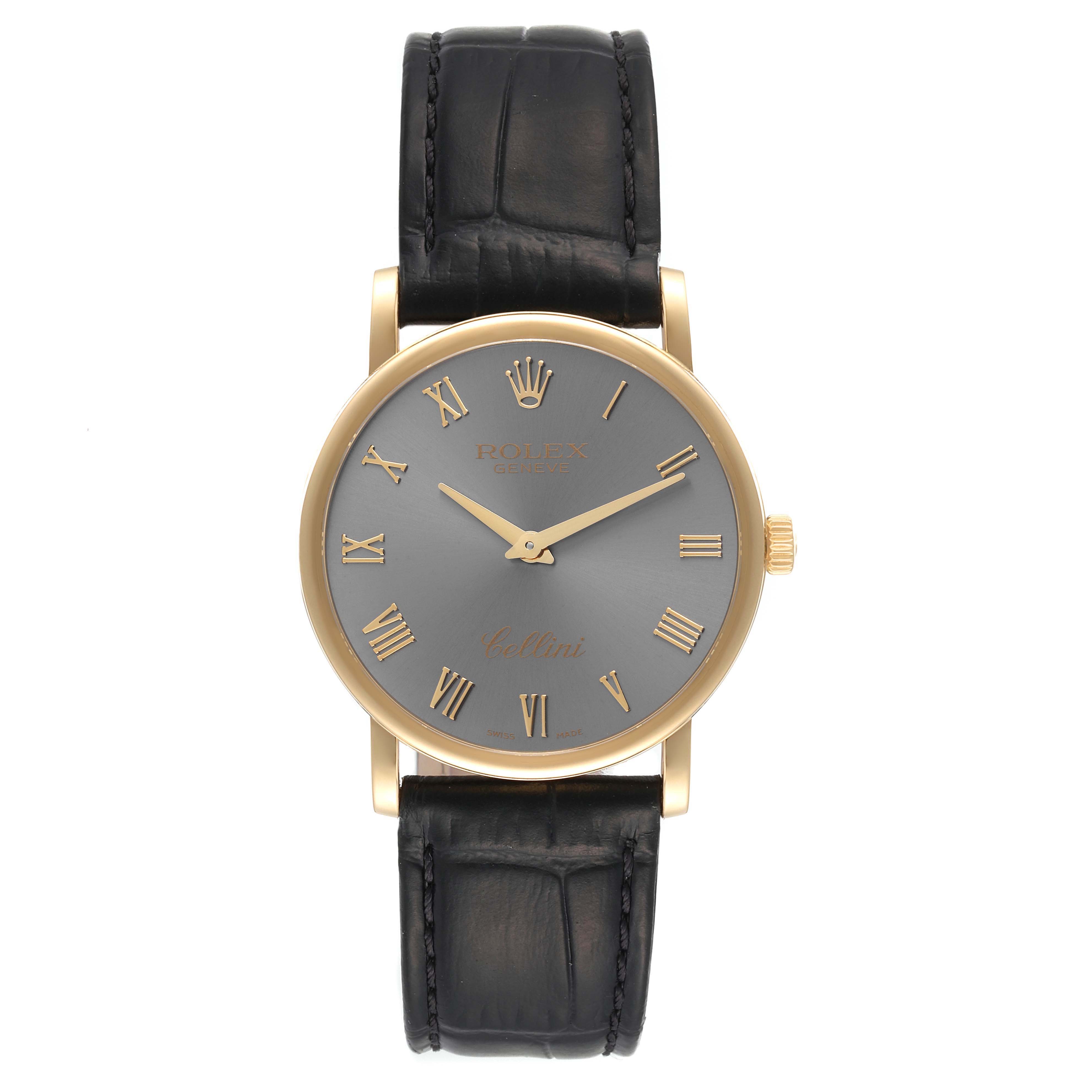 This image shows a front view of a Rolex Cellini 5115 Men's Yellow Gold Grey Dial 5115 Men's Yellow Gold Grey Dial model watch with a black leather strap and gold accents.