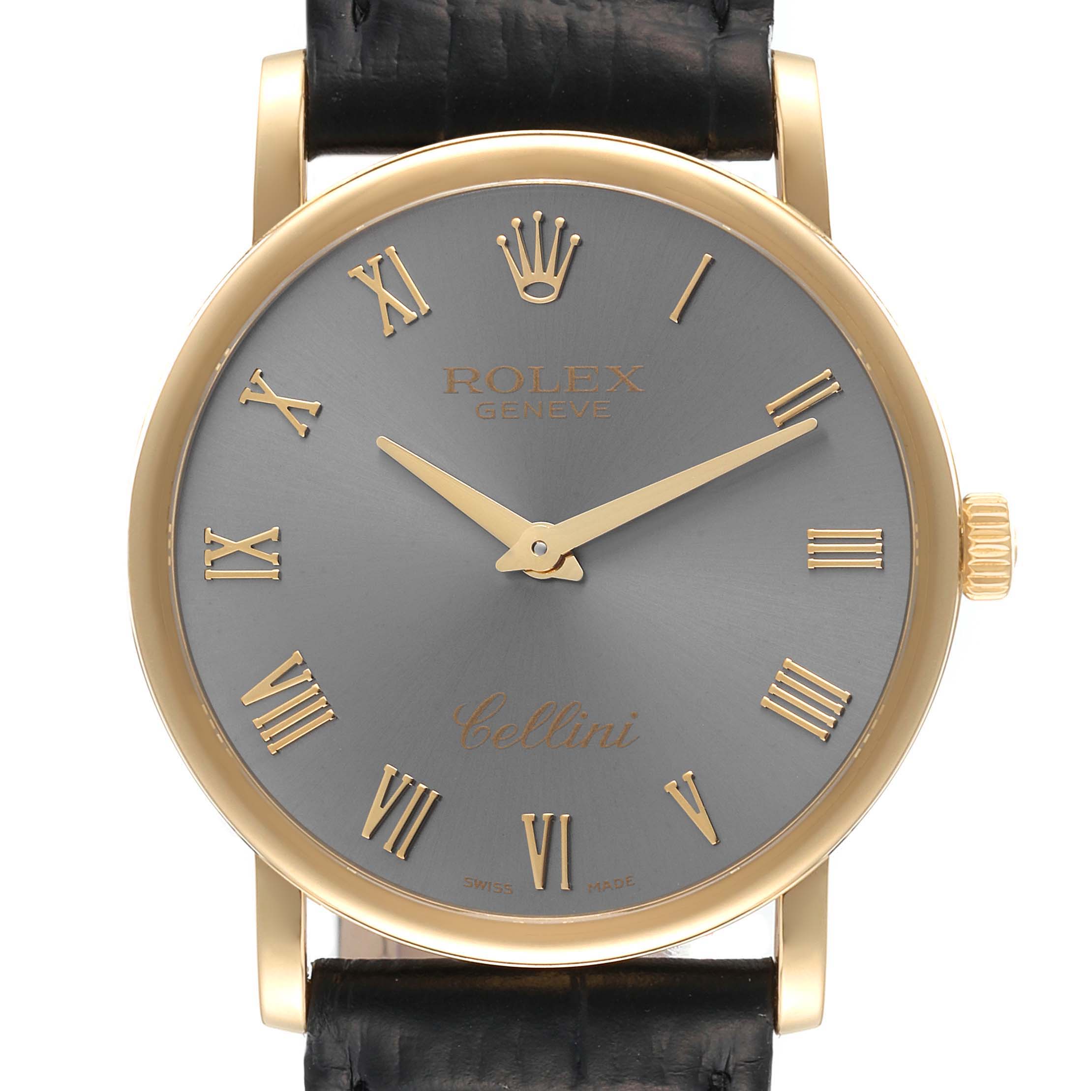 The image shows a front view of the Rolex Cellini 5115 Men's Yellow Gold Grey Dial 5115 Men's Yellow Gold Grey Dial watch, highlighting the dial, Roman numeral markers, and crown.