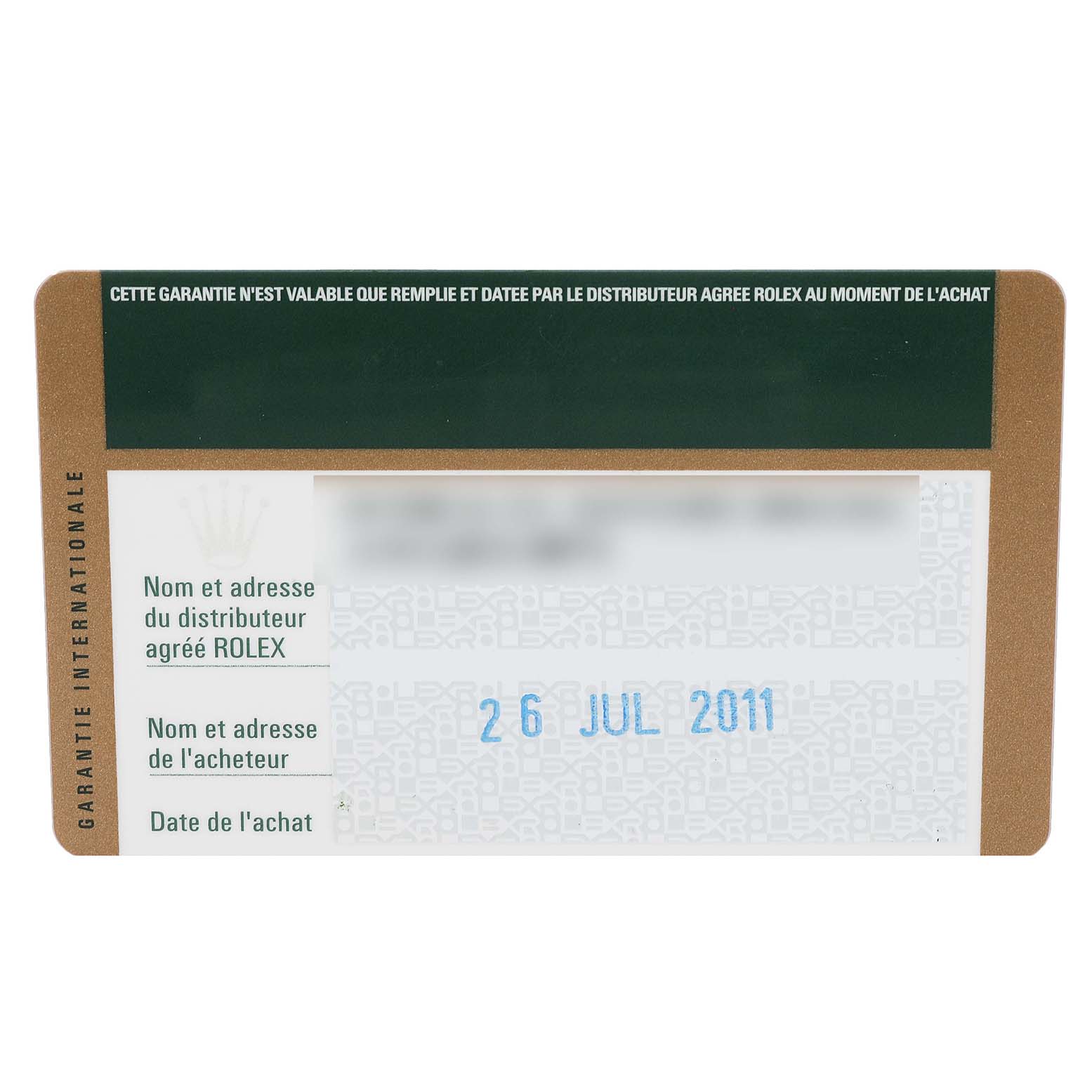 This is an image of a Rolex Cellini 5115 Men's Yellow Gold Grey Dial 5115 Men's Yellow Gold Grey Dial international guarantee card, showing the date of purchase and distributor information.