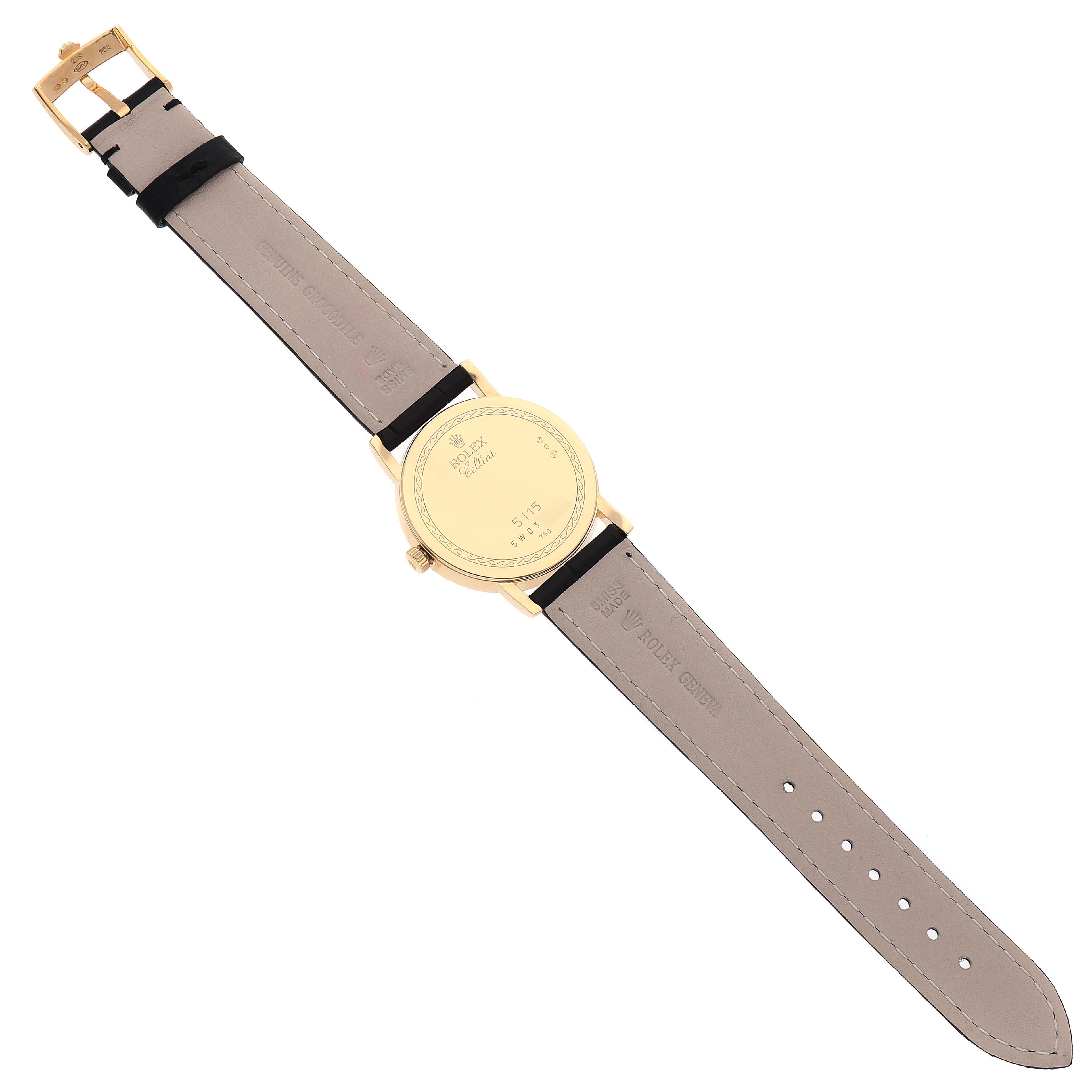 The image shows the back view of a Rolex Cellini 5115 Men's Yellow Gold Grey Dial 5115 Men's Yellow Gold Grey Dial watch, including the watch case and leather strap.
