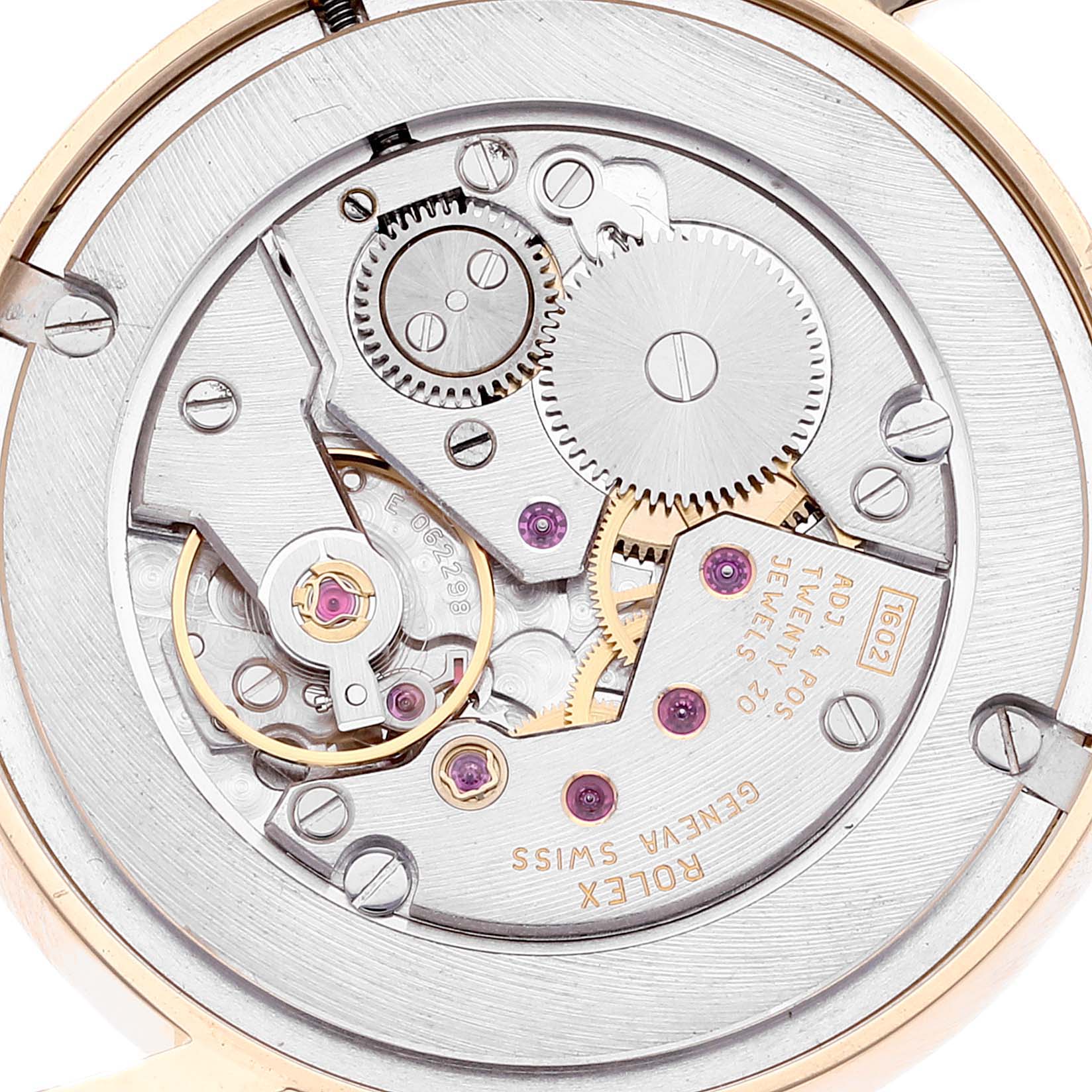This is a close-up view of the movement mechanism of a Rolex Cellini 5115 Men's Yellow Gold Grey Dial 5115 Men's Yellow Gold Grey Dial watch.