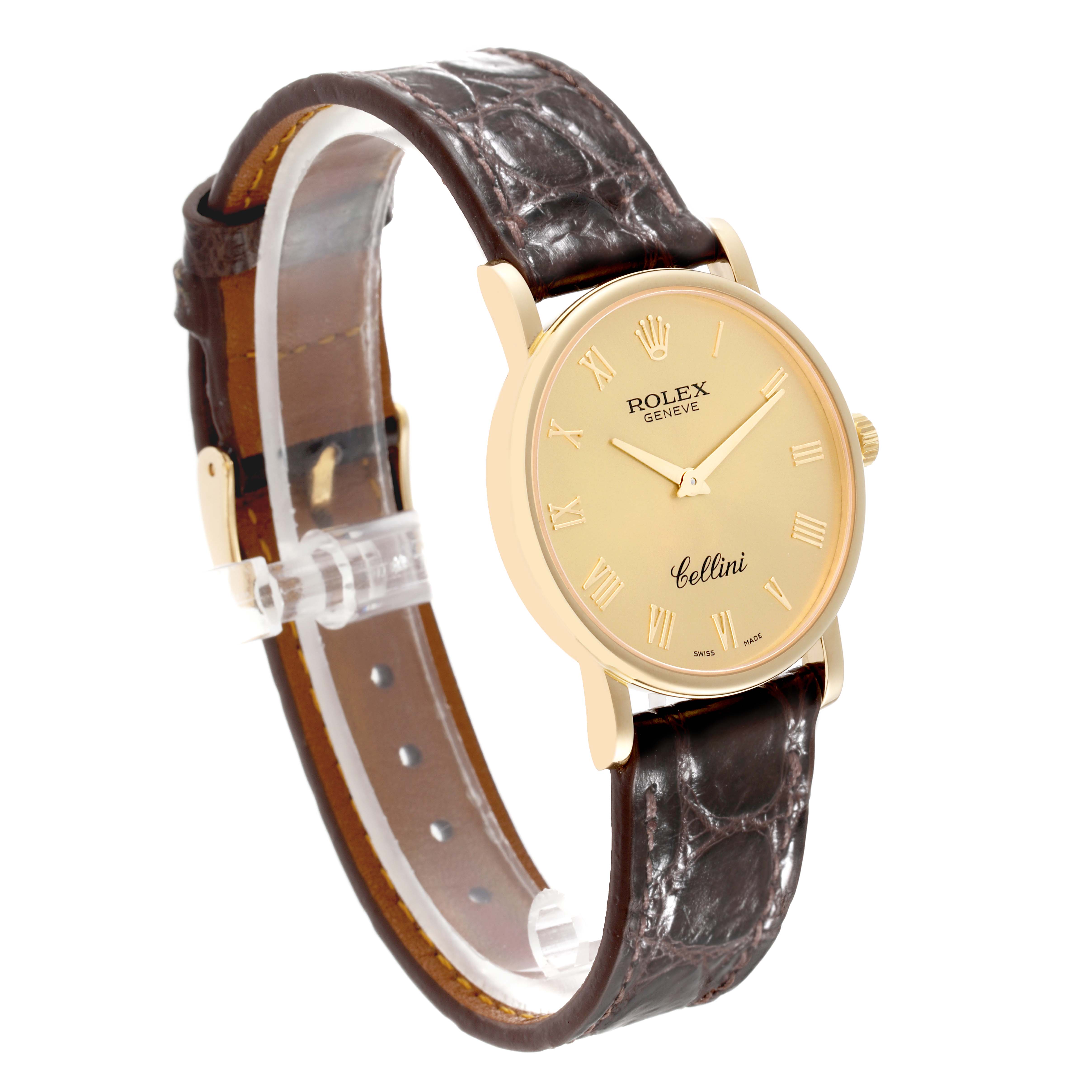 This image shows a Rolex Cellini 5115 Men's Yellow Gold Champagne Dial 5115 Men's Yellow Gold Champagne Dial watch with a gold dial and brown leather strap, captured at a three-quarter angle.
