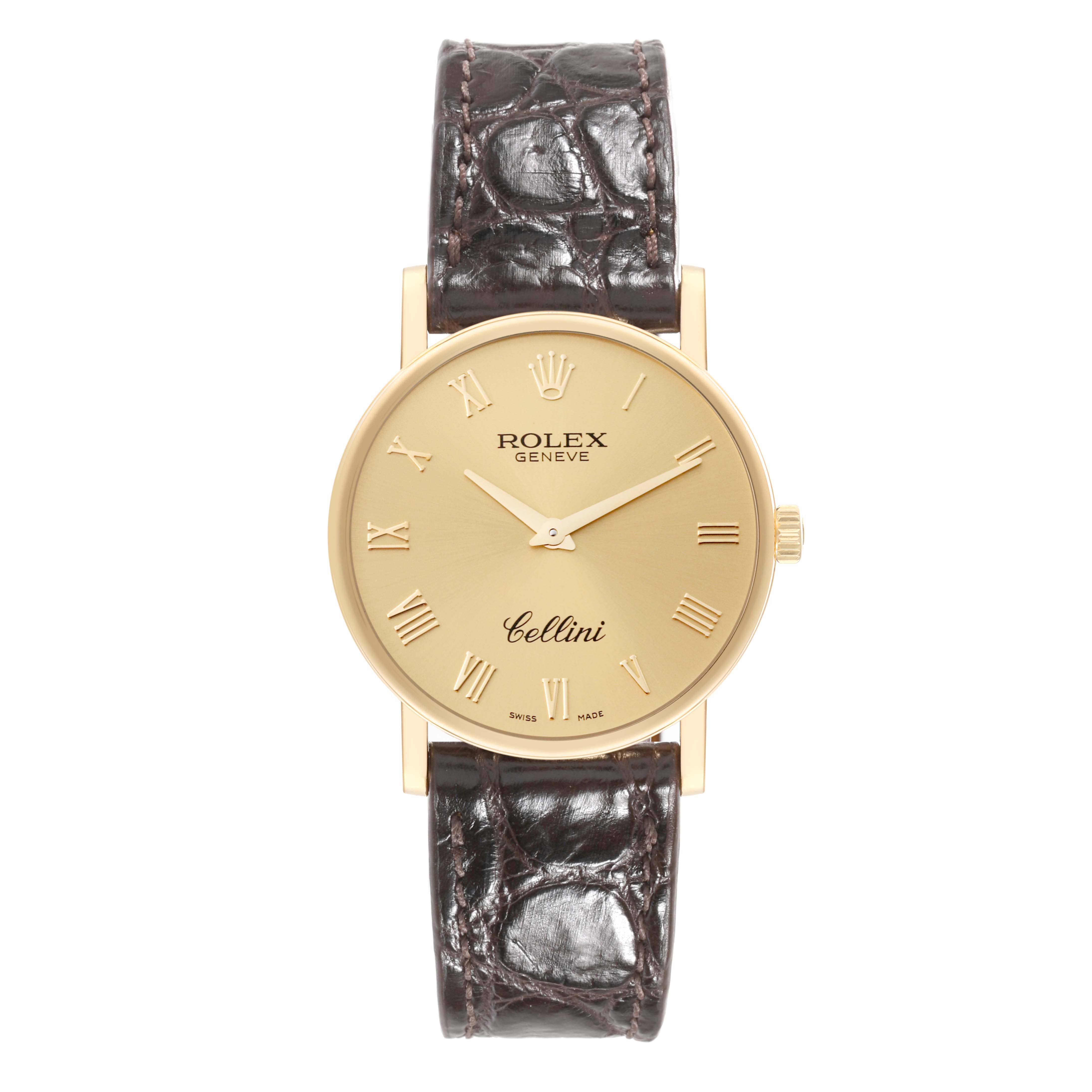 This image shows the full face of a Rolex Cellini 5115 Men's Yellow Gold Champagne Dial 5115 Men's Yellow Gold Champagne Dial watch, including the dial, case, and leather strap.