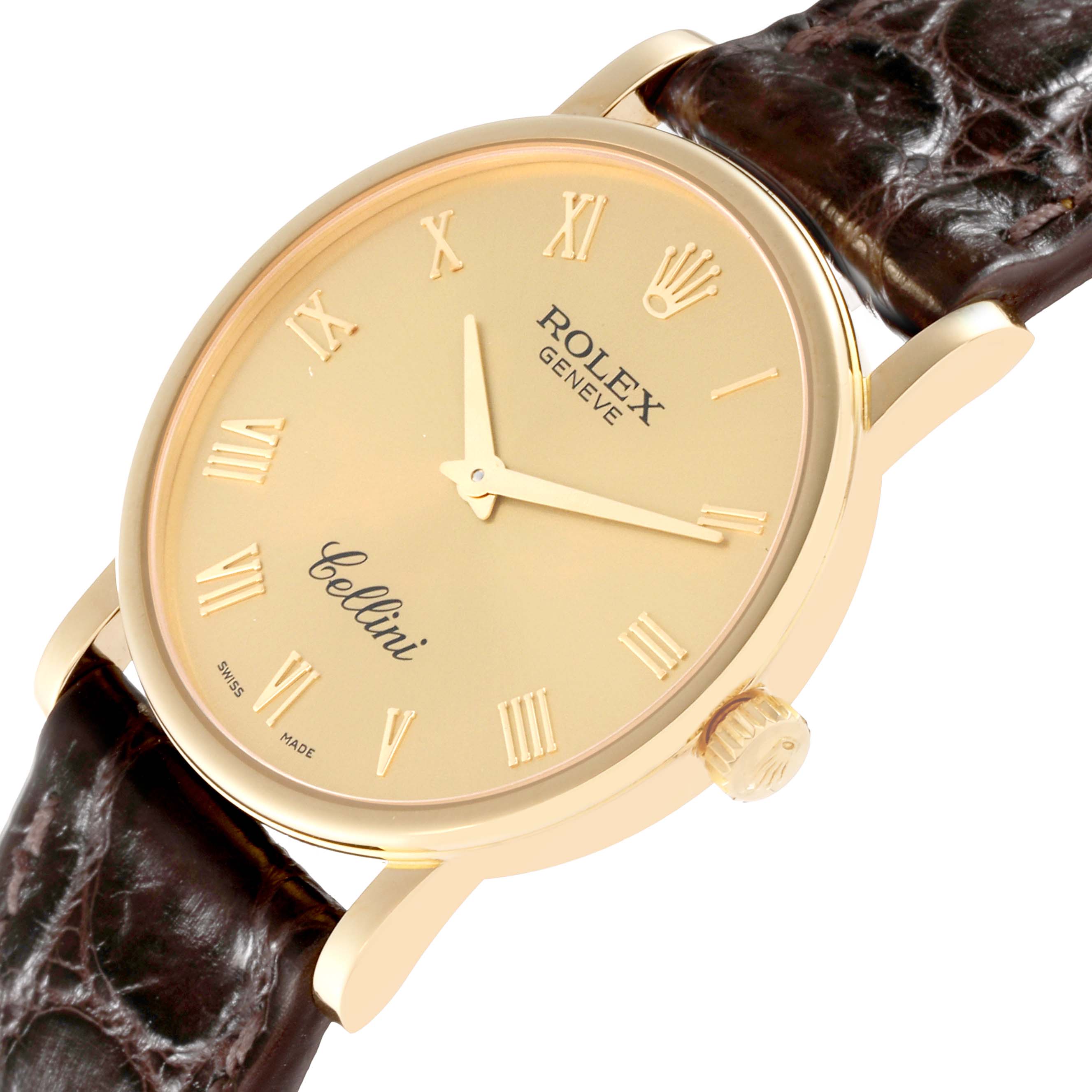 The Rolex Cellini 5115 Men's Yellow Gold Champagne Dial 5115 Men's Yellow Gold Champagne Dial watch is shown from a slight angle, highlighting its gold dial, Roman numerals, and brown leather strap.
