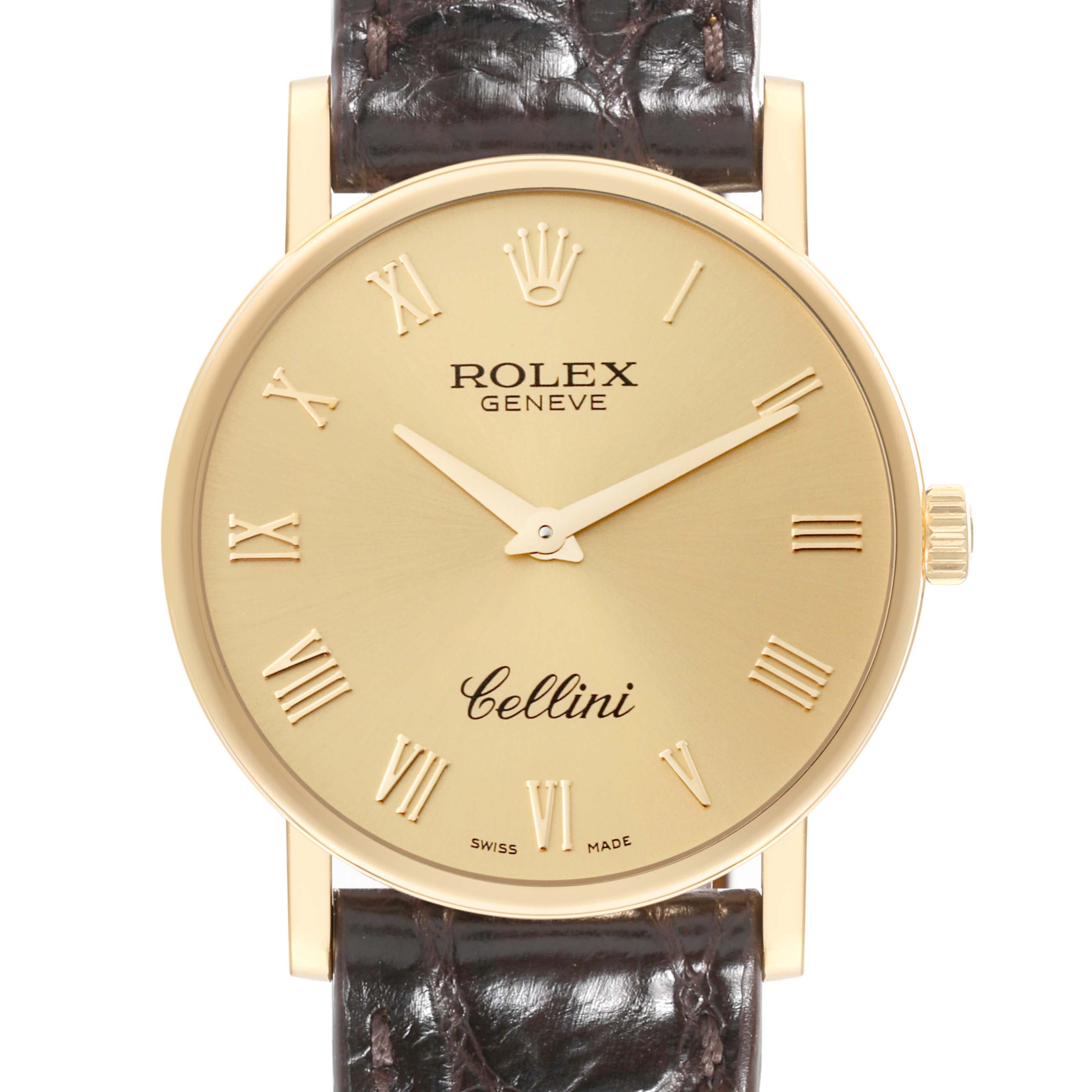 The Rolex Cellini 5115 Men's Yellow Gold Champagne Dial 5115 Men's Yellow Gold Champagne Dial watch is shown from a front angle, featuring its gold dial, Roman numerals, and a leather strap.