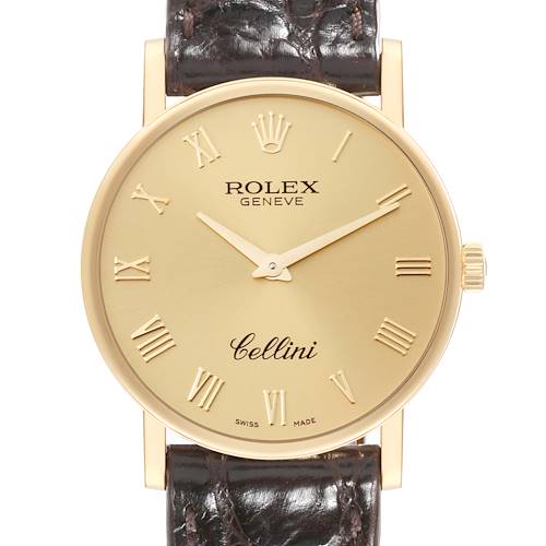 The image shows a frontal view of a Rolex Cellini watch, highlighting the dial, hands, crown, and leather strap.