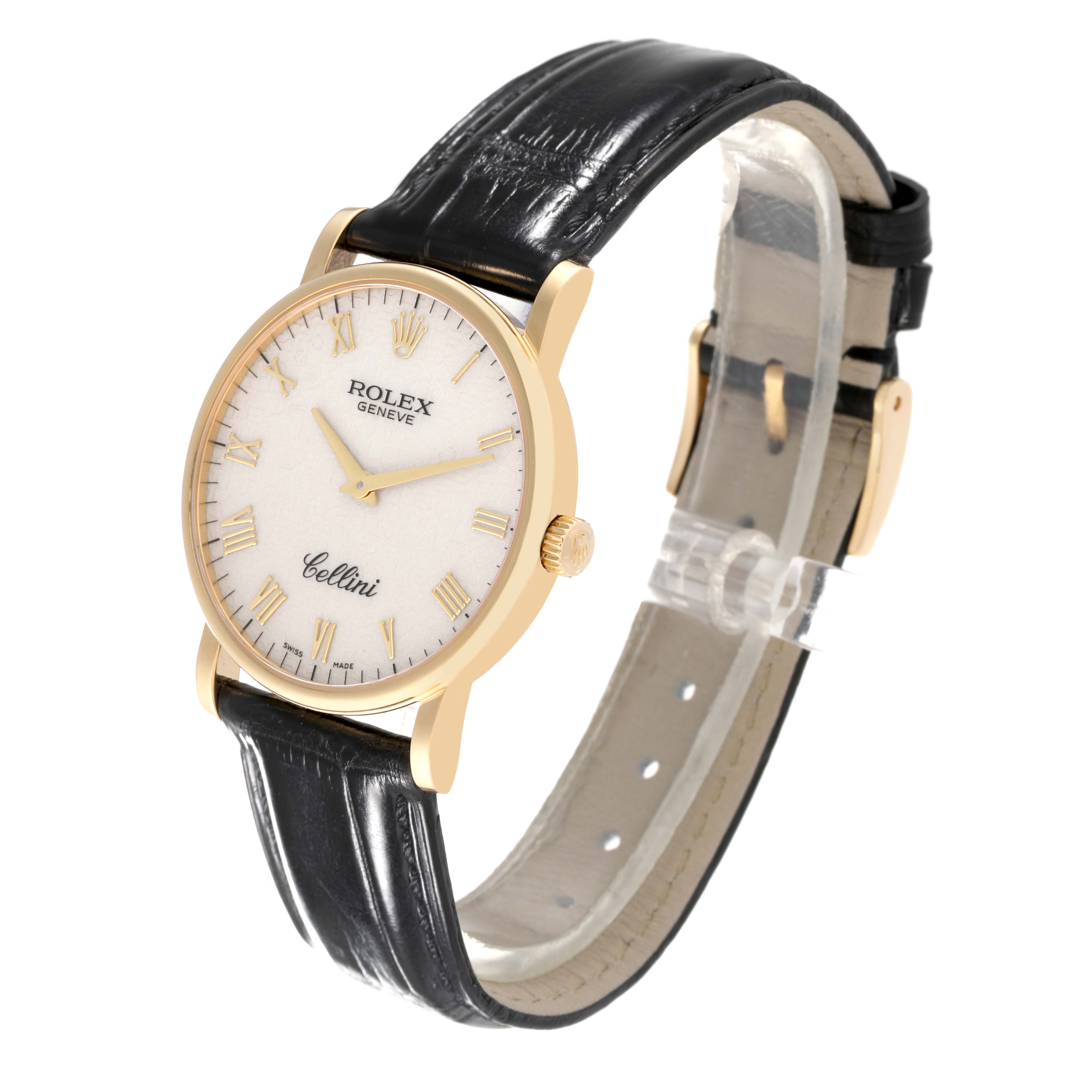 This Rolex Cellini 5115 Men's Yellow Gold Beige Dial 5115 Men's Yellow Gold Beige Dial watch is shown at a three-quarter angle, displaying the face, black leather strap, and gold casing.