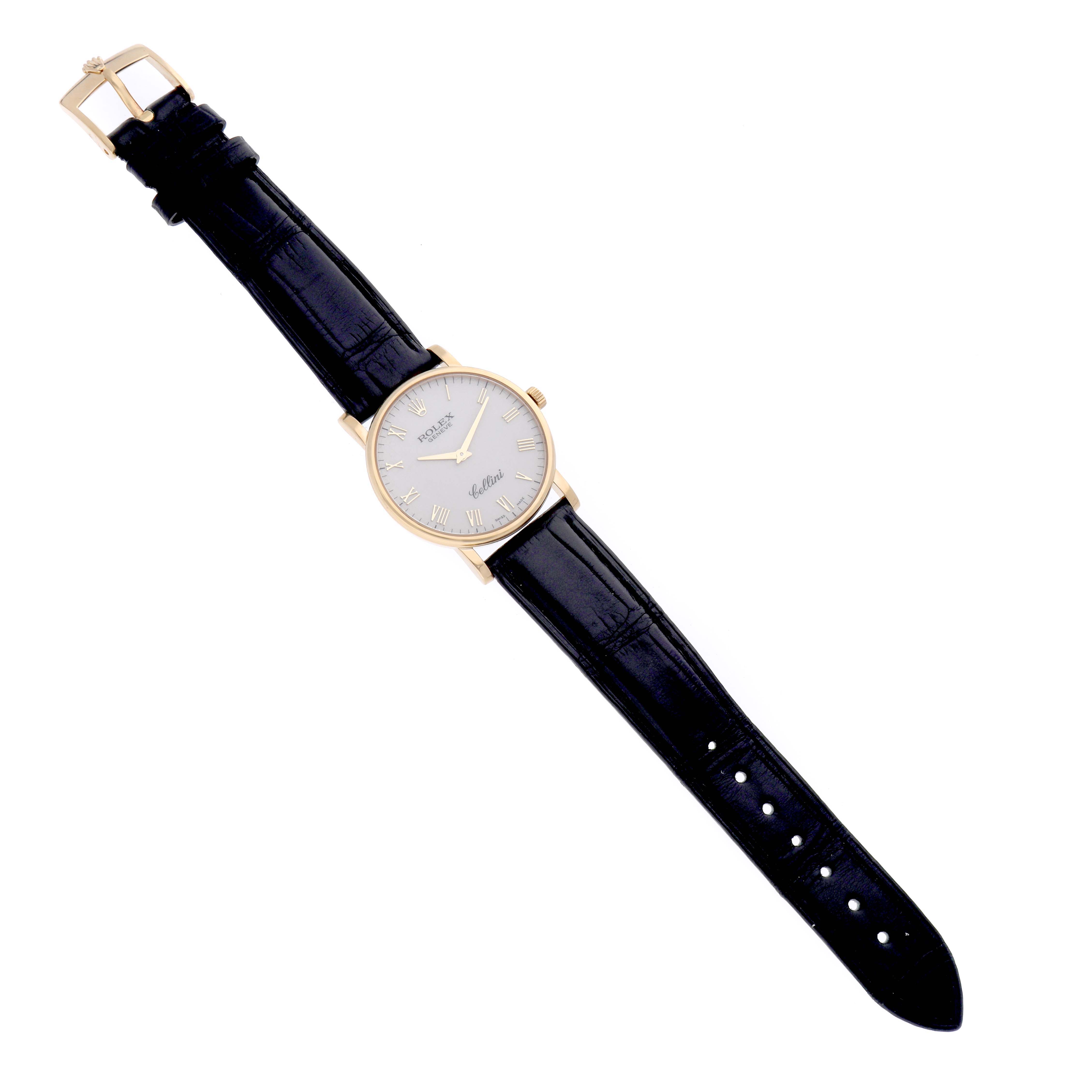 The image shows a full view of the Rolex Cellini 5115 Men's Yellow Gold Beige Dial 5115 Men's Yellow Gold Beige Dial watch with its black leather strap and gold-tone case.