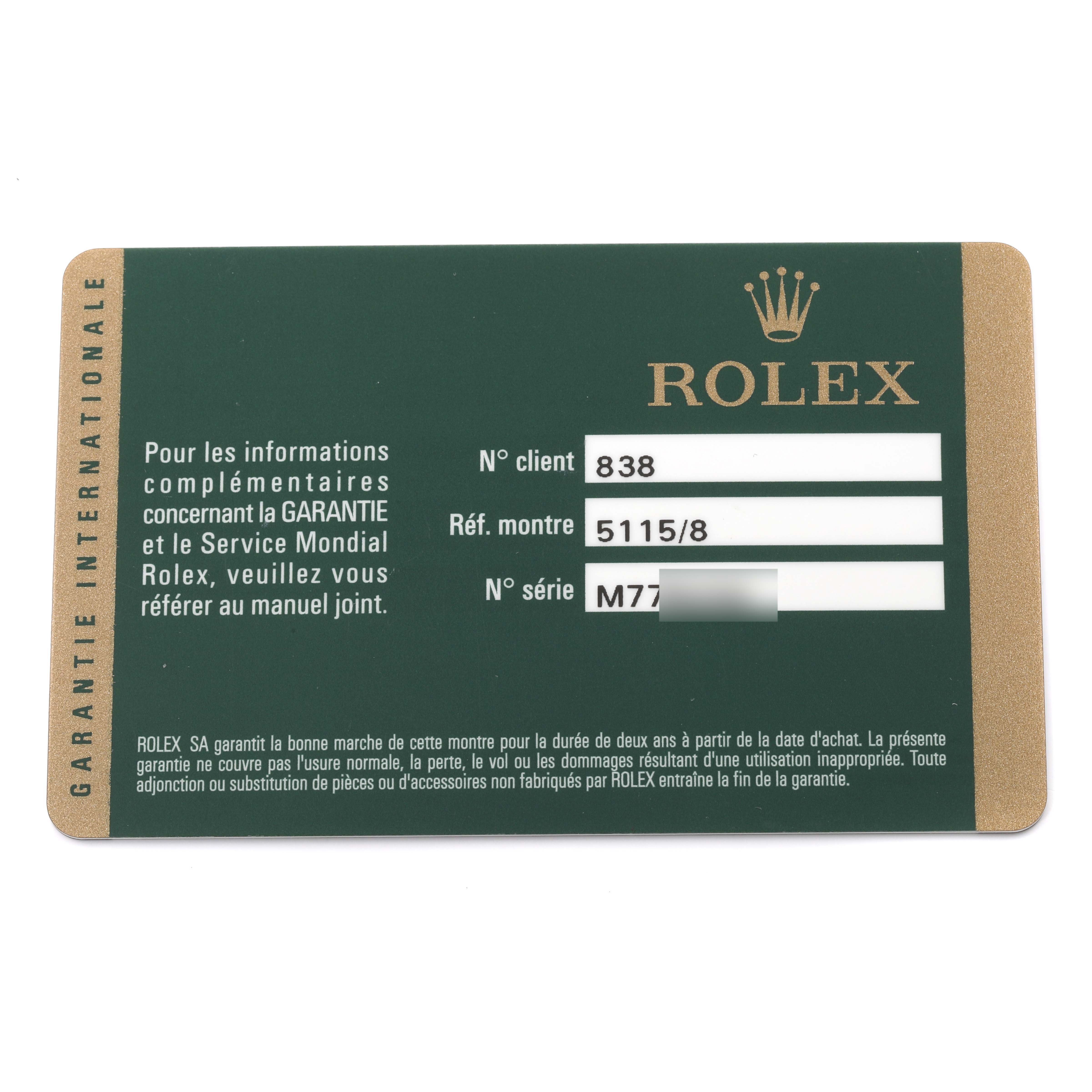 This image shows the warranty card for the Rolex Cellini 5115 Men's Yellow Gold Beige Dial 5115 Men's Yellow Gold Beige Dial model.