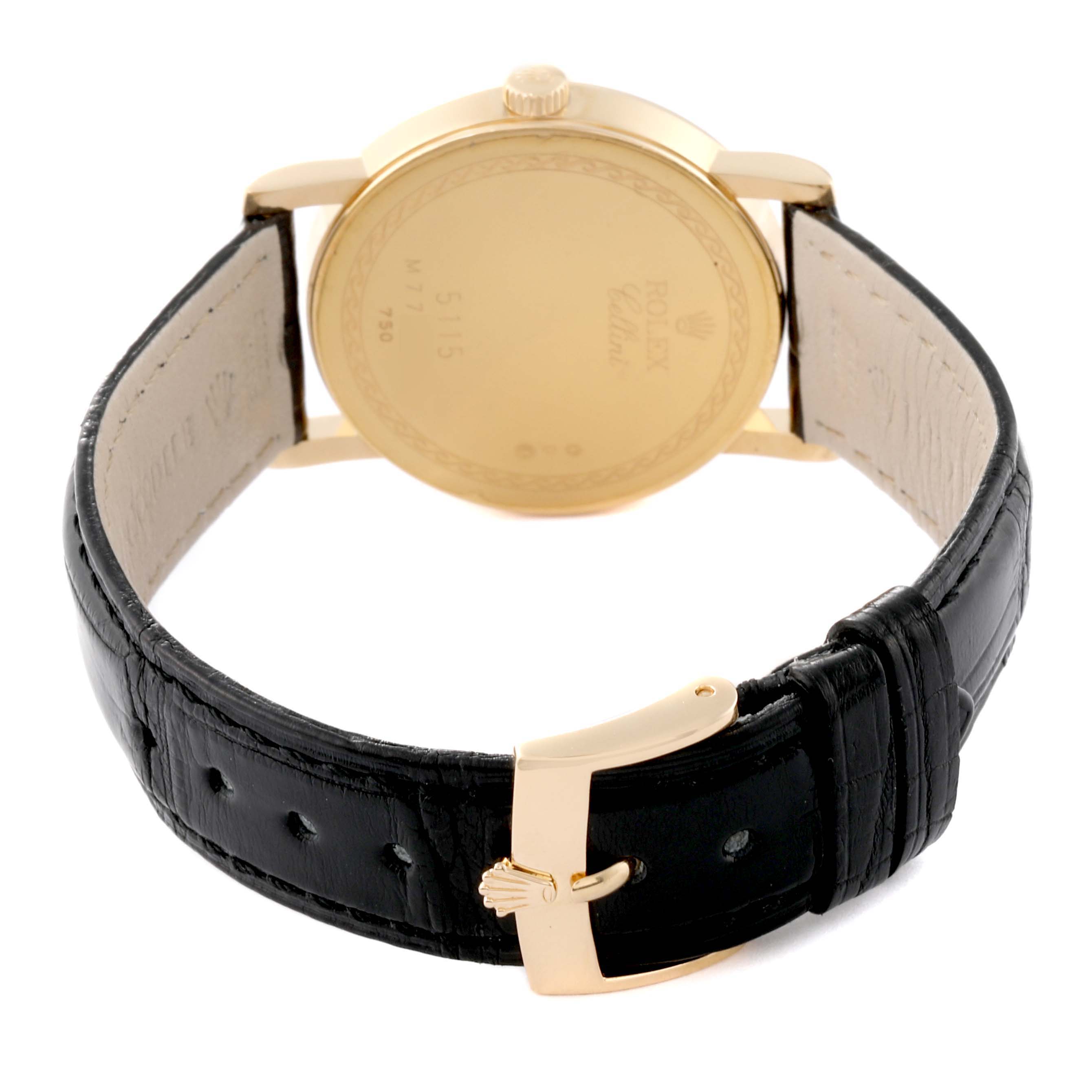 This image shows the back case and leather strap of the Rolex Cellini 5115 Men's Yellow Gold Beige Dial 5115 Men's Yellow Gold Beige Dial model, viewed from the rear.