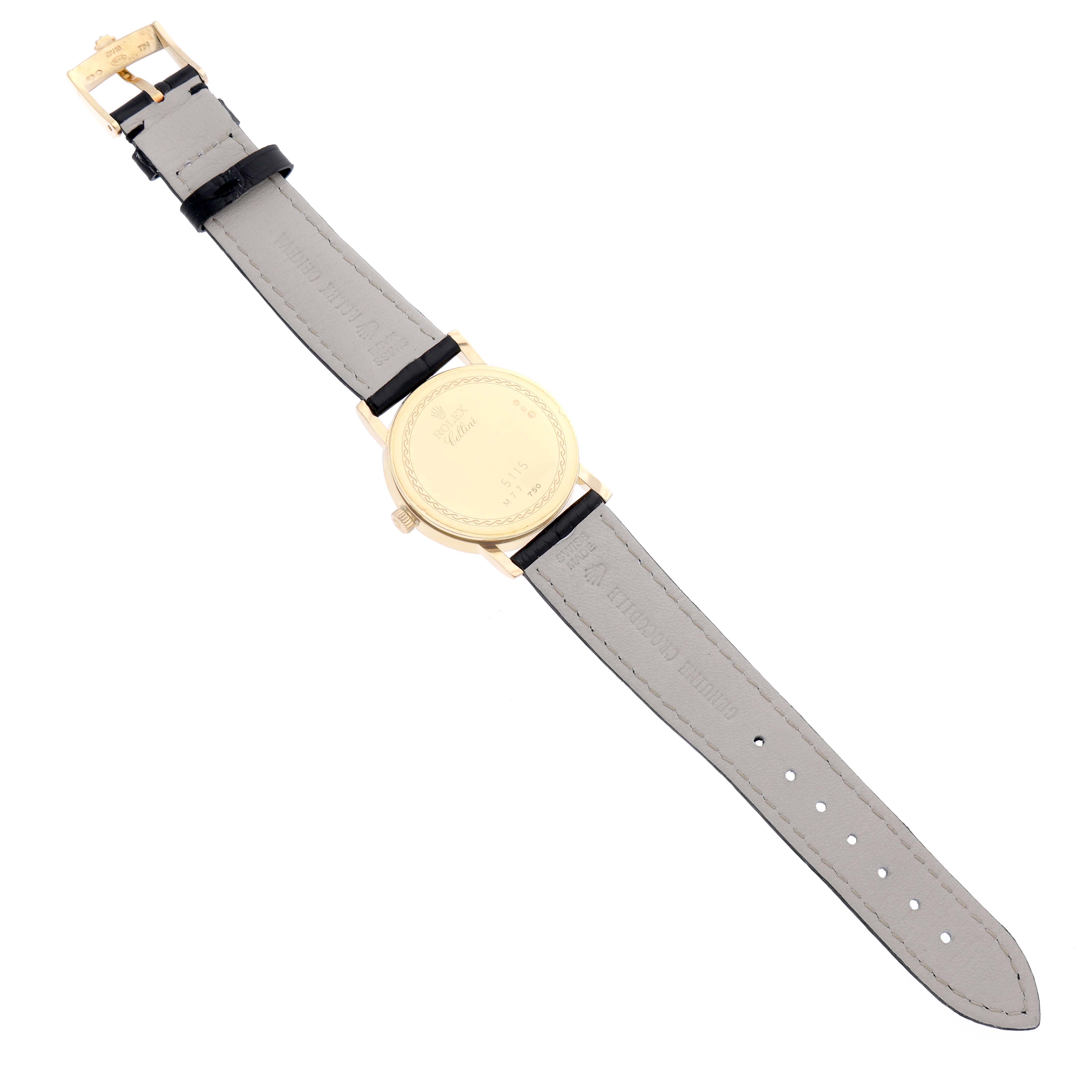 The image shows the back view of a Rolex Cellini 5115 Men's Yellow Gold Beige Dial 5115 Men's Yellow Gold Beige Dial watch, displaying the back case, strap, and buckle.