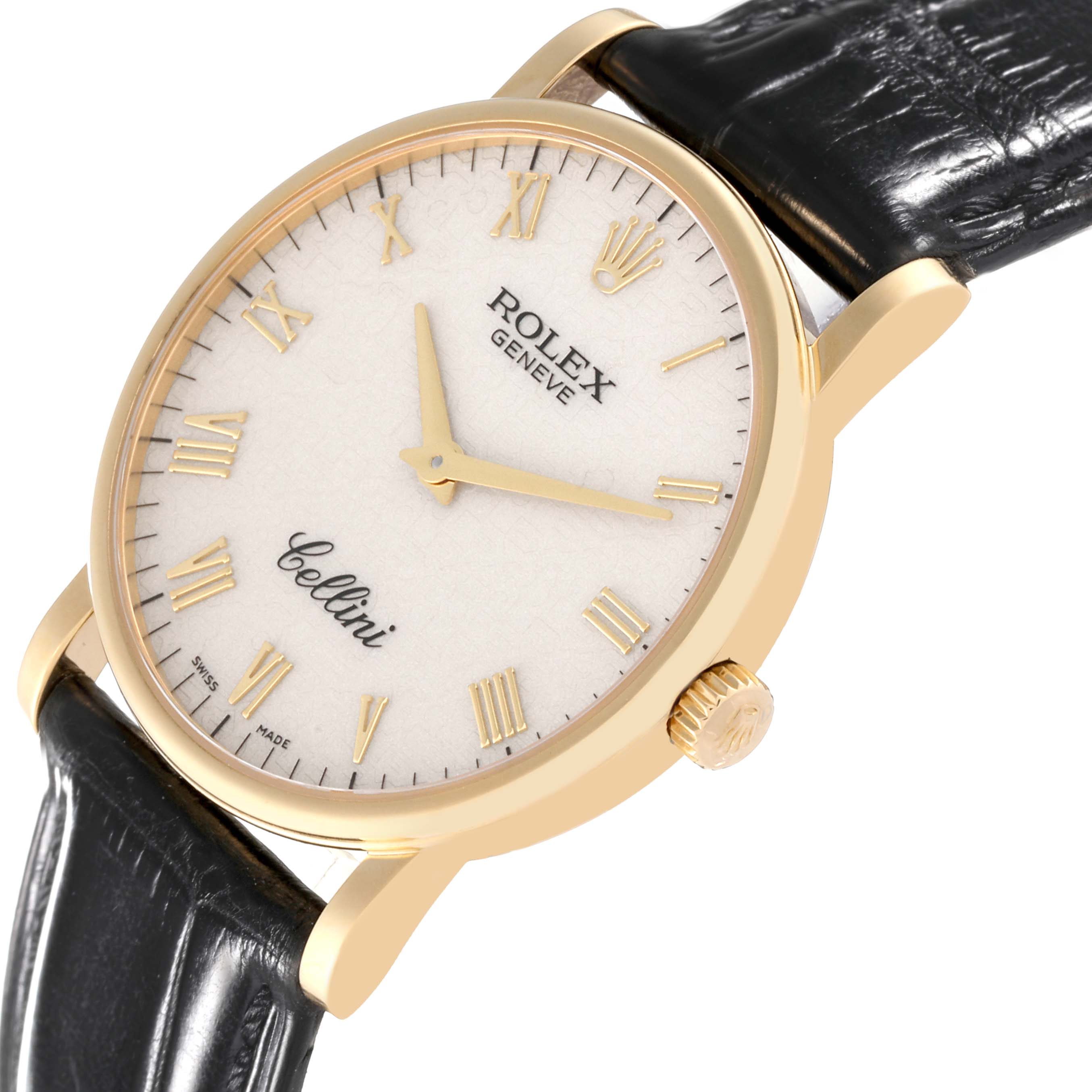 The image shows a close-up, angled view of a Rolex Cellini 5115 Men's Yellow Gold Beige Dial 5115 Men's Yellow Gold Beige Dial watch, highlighting its gold case, white dial, and black leather strap.