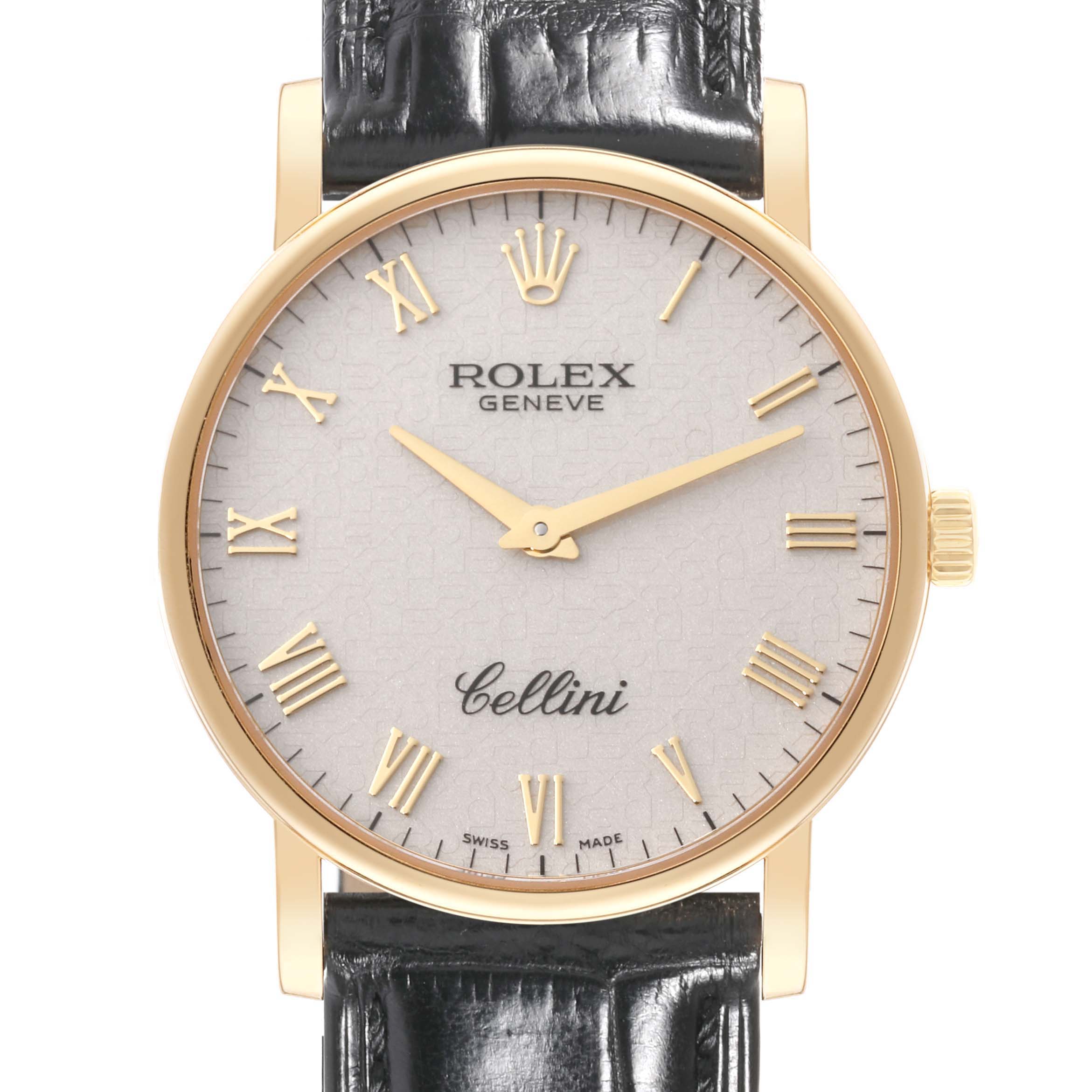 The image shows a front view of the Rolex Cellini 5115 Men's Yellow Gold Beige Dial 5115 Men's Yellow Gold Beige Dial watch with a gold case, Roman numeral hour markers, and black leather strap.