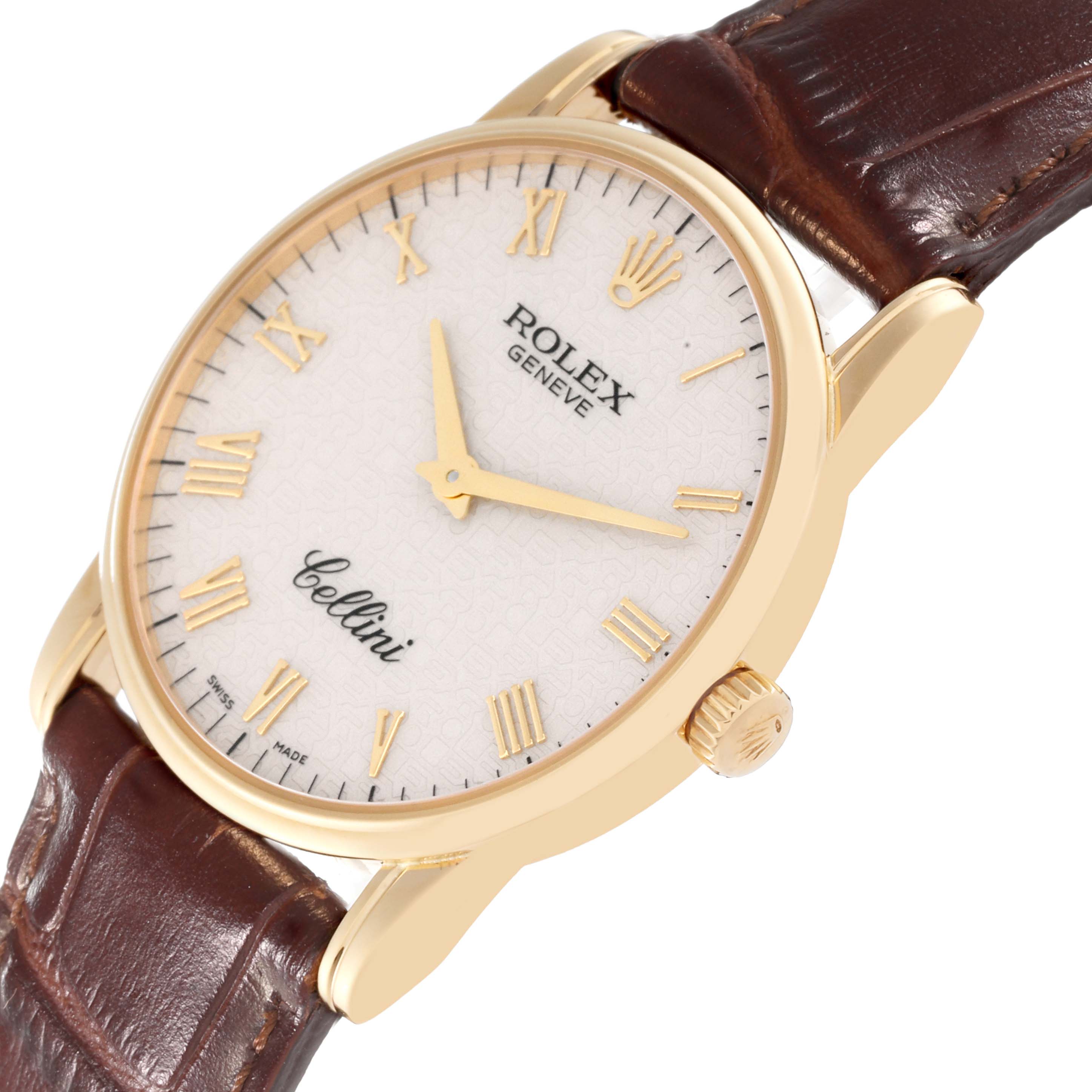The Rolex Cellini 5116/8 Men's Yellow Gold White Dial 5116/8 Men's Yellow Gold White Dial watch is shown from a three-quarter view, highlighting the dial, hands, crown, and leather strap.