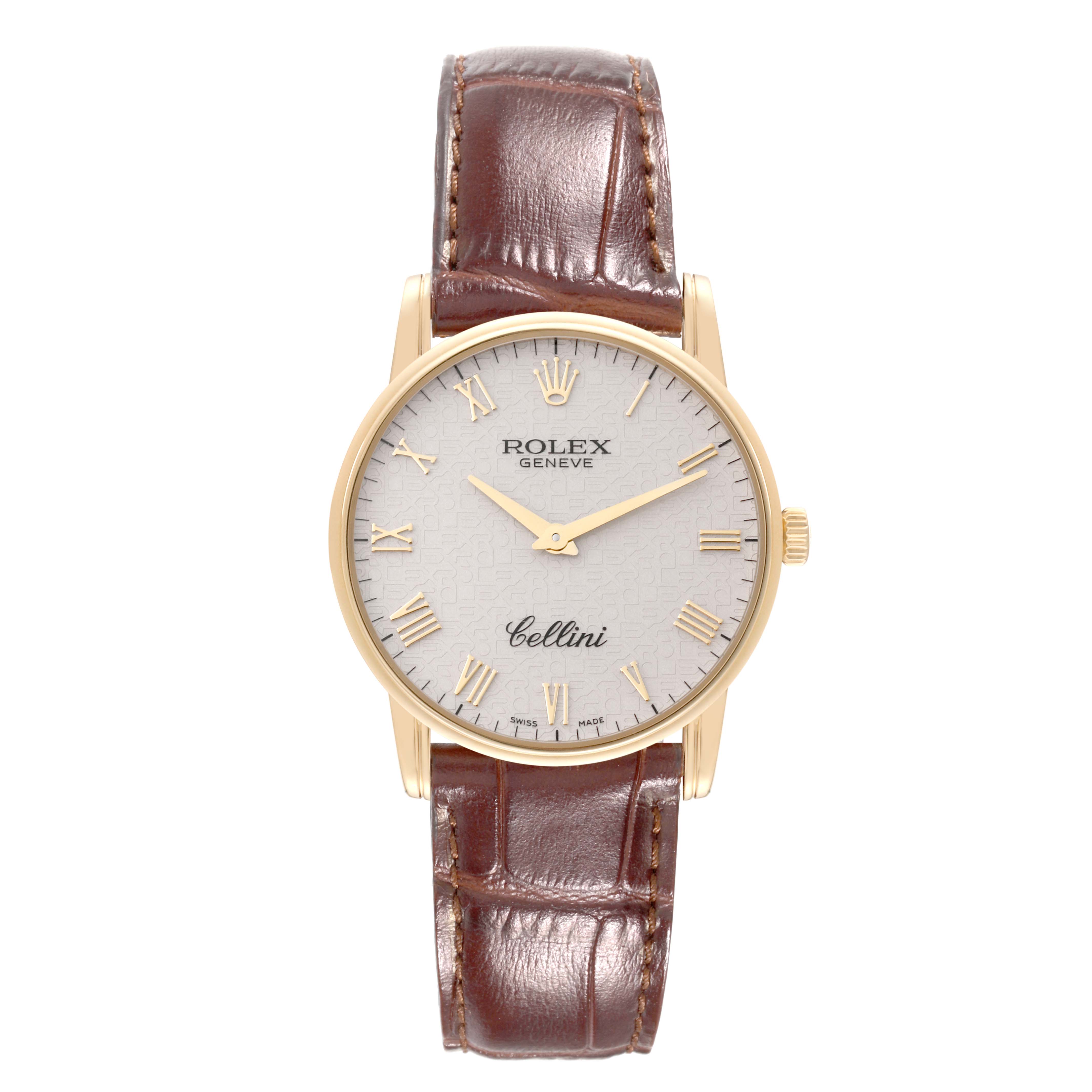 The image shows a front view of the Rolex Cellini 5116/8 Men's Yellow Gold White Dial 5116/8 Men's Yellow Gold White Dial watch, featuring its brown leather strap and gold Roman numeral dial.