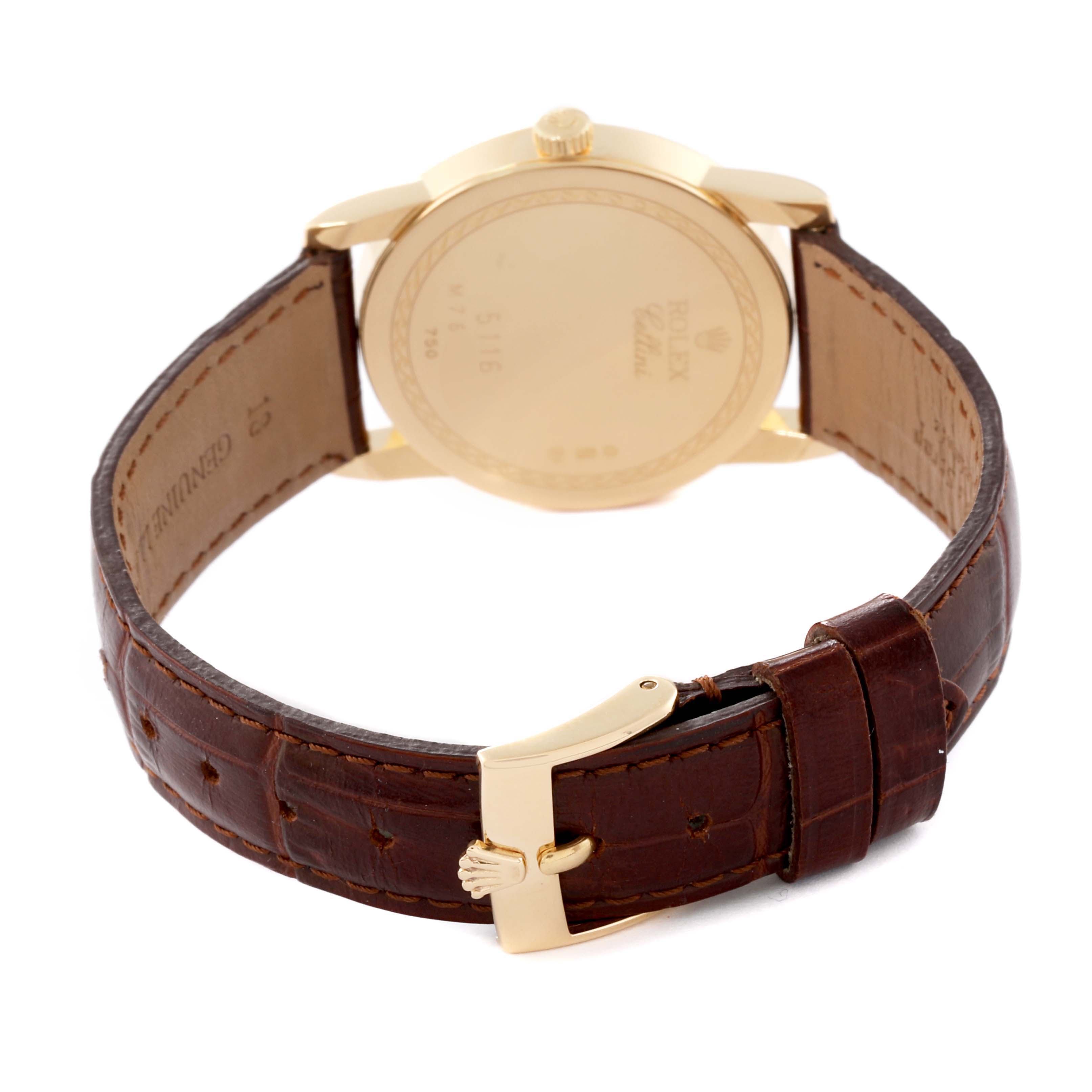 The image shows the back and strap of a Rolex Cellini 5116/8 Men's Yellow Gold White Dial 5116/8 Men's Yellow Gold White Dial watch, highlighting its leather band and gold clasp.